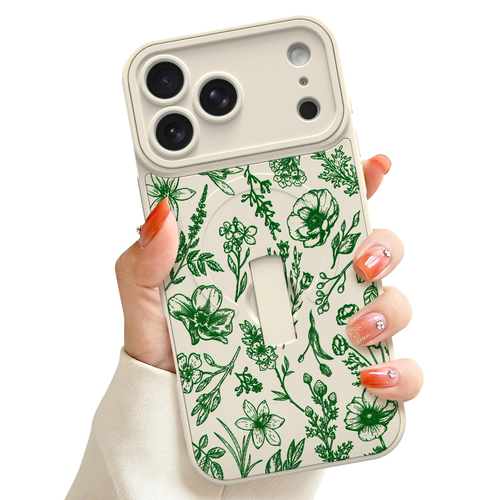 ZIYE Magnetic for iPhone 17 Pro Max Case with Finger Strap Kickstand, Compatible with Magsafe, Aesthetic Elegant Flowers with Ph
