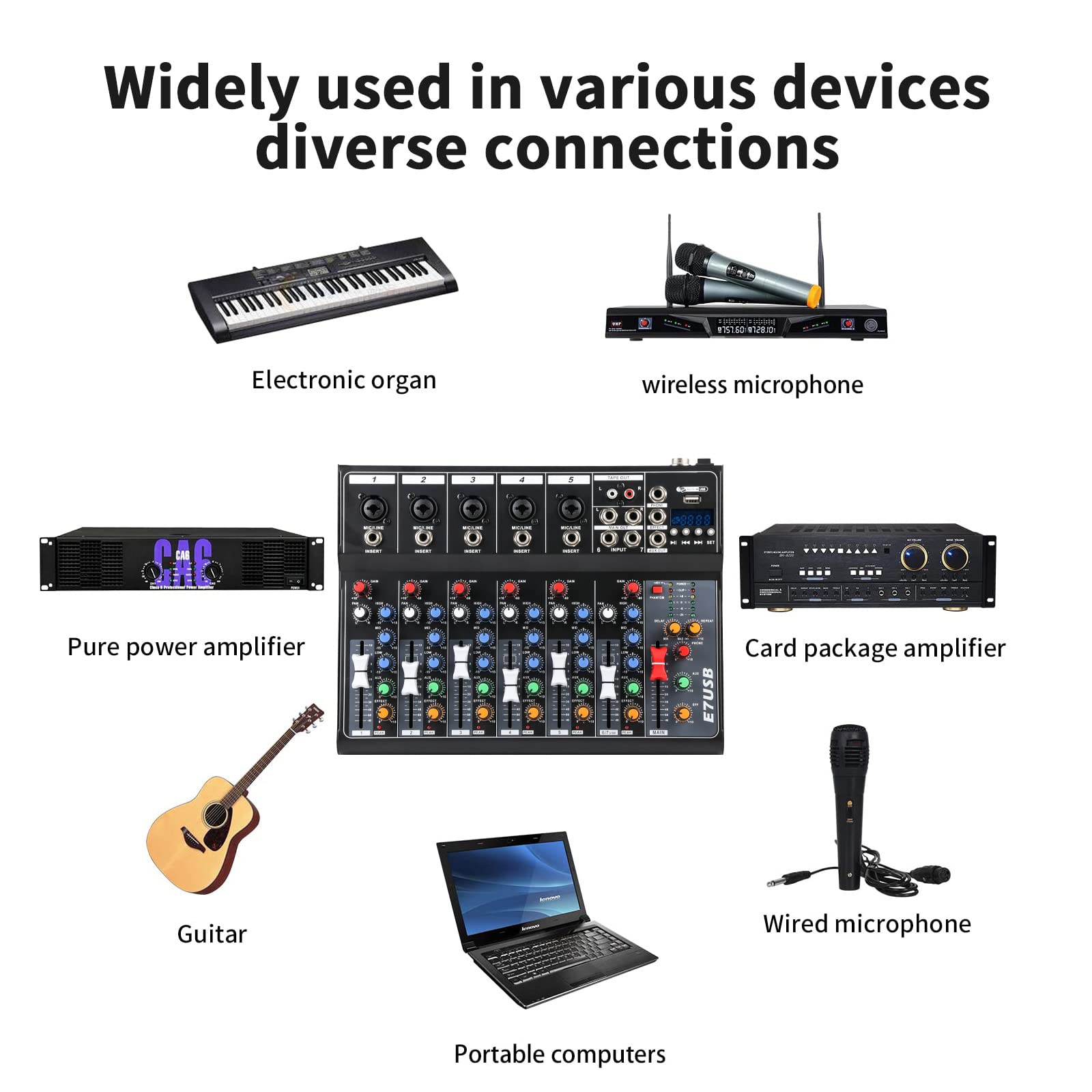 Dj Mixers 7 Channel Audio Mixer Sound Board With Bluetooth, Usb Audio Interface With 48V Phantom Power Sounds Mixer Board With F