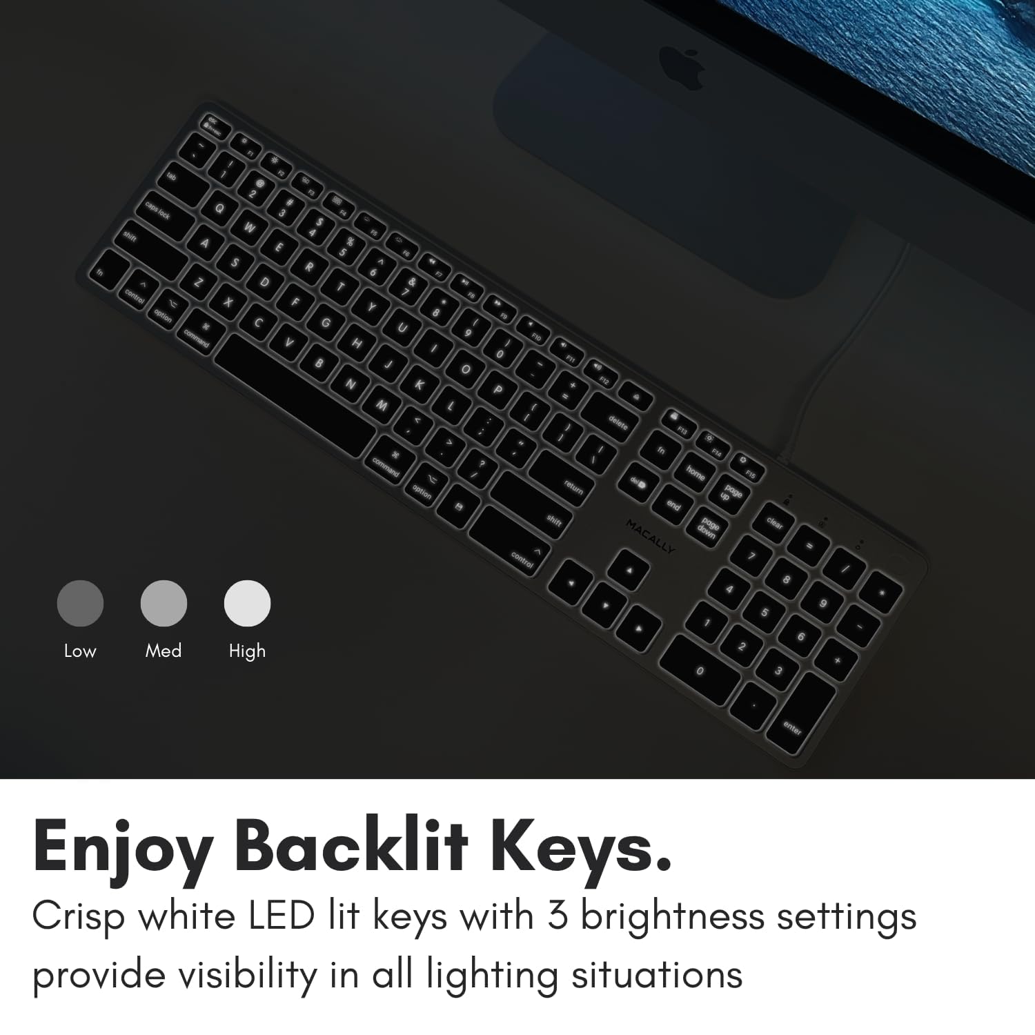 Macally Backlit Mac Keyboard Wired   Quiet, Sleek, And Functional   3 Brightness Levels, 107 Keys   5Ft Usb Wired Apple Keyboard