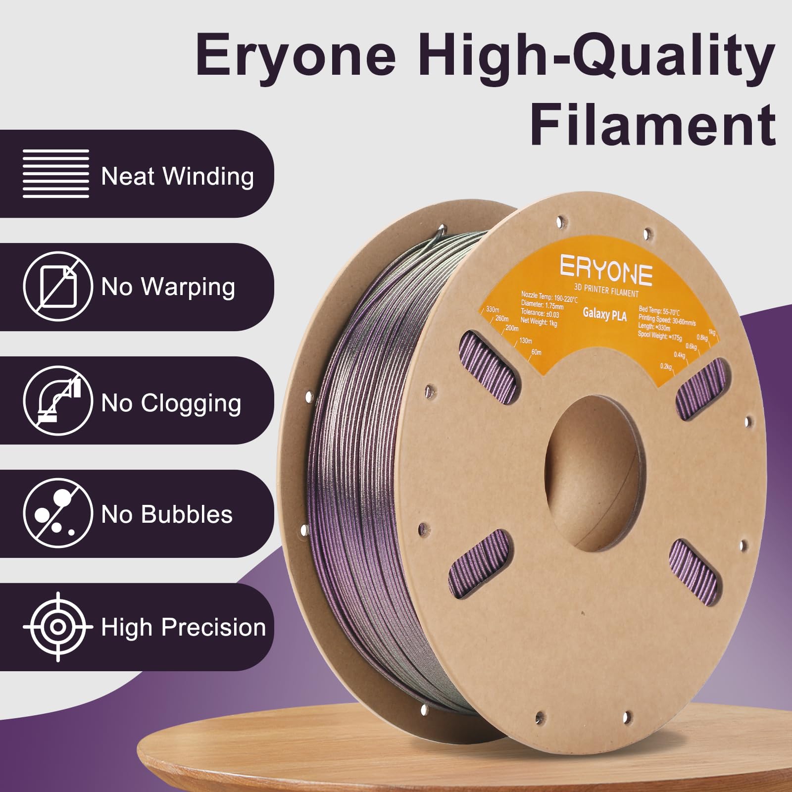 Eryone Glitter Pla Filament For 3D Printer, 1.75Mm +/ 0.03Mm, 1Kg(2.2Lbs)/Spool, Owl Nebula (Purple)