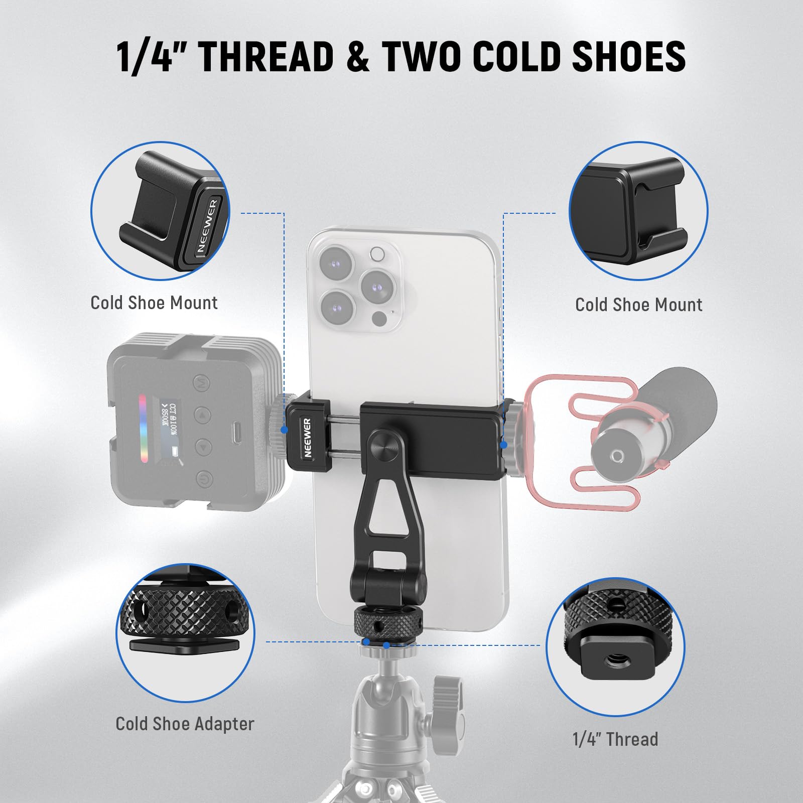 Neewer Metal Phone Tripod Mount With Cold Shoes, 1/4'' Thread, 180 Tilt, 360 Rotation, Adjustable Phone Clamp Metal Phone Holder