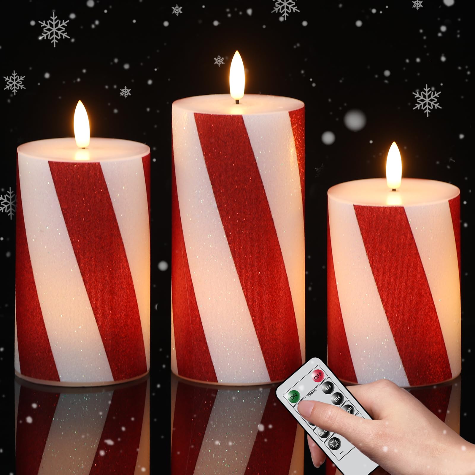 Eldnacele Christmas Candy Cane Stripe Flameless Candles with Remote and Timer, Battery Operated 3D Wick Flickering Real Wax Stri