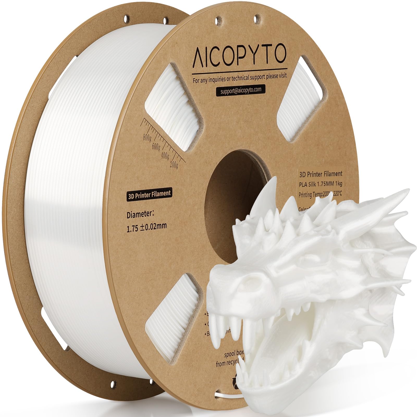 AICOPYTO Silk White PLA Filament 1.75mm, 3D Printer Filament White Silk PLA 1KG Spool (2.2lbs) Dimensional Accuracy Probability 