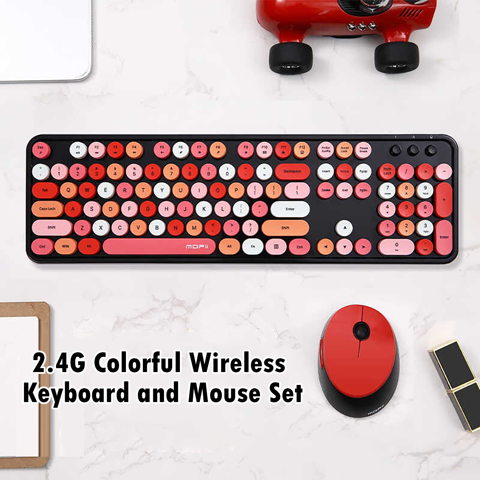 2.4G Full Size Wireless Keyboard And Mouse Combo, Multi Color Typewriter Style Round Keycap, Cute Candy Colors, Compatible With