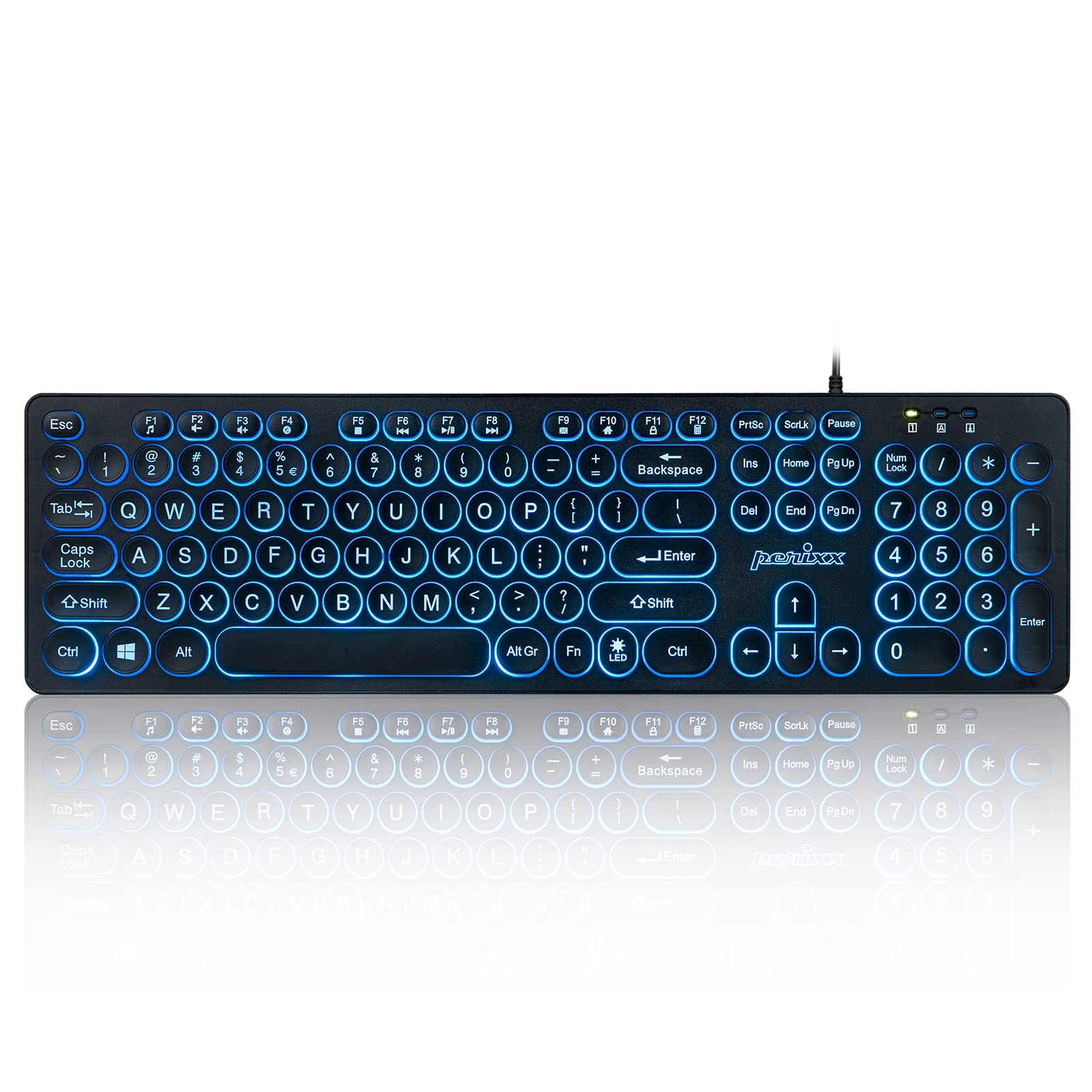 Perixx Periboard 317R Wired Backlit Usb Keyboard   Big Print Letter   Tri Color Illuminated Led   Stylish Round Keycaps   Us Eng