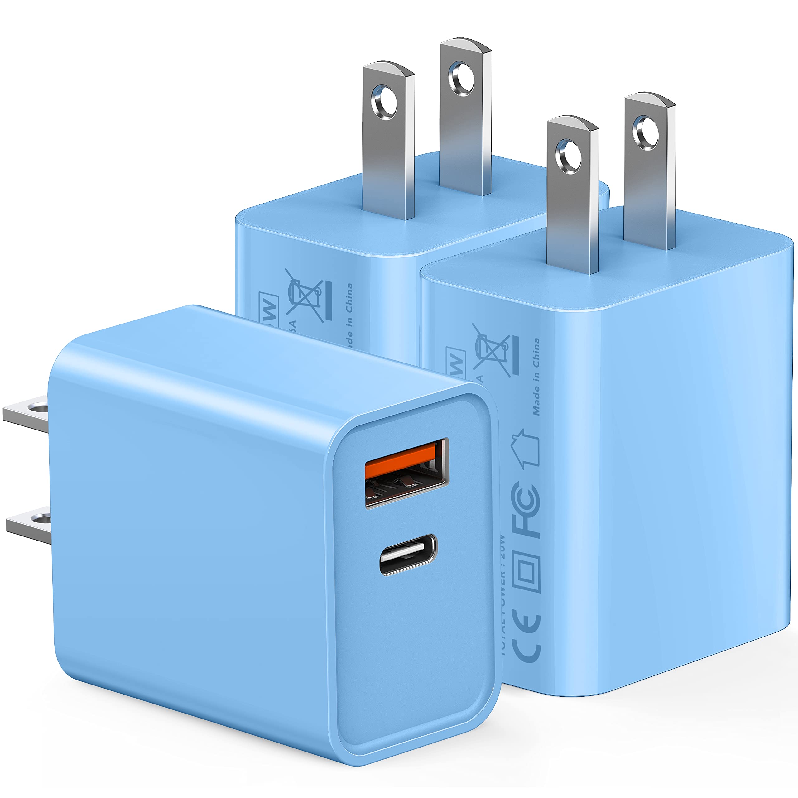 Csodince 3 Pack Dual Port Usb C Charger Block, 20W Power Delivery + Qc3.0 Usb A Double Port Fast Charging Brick For Iphone 16 15