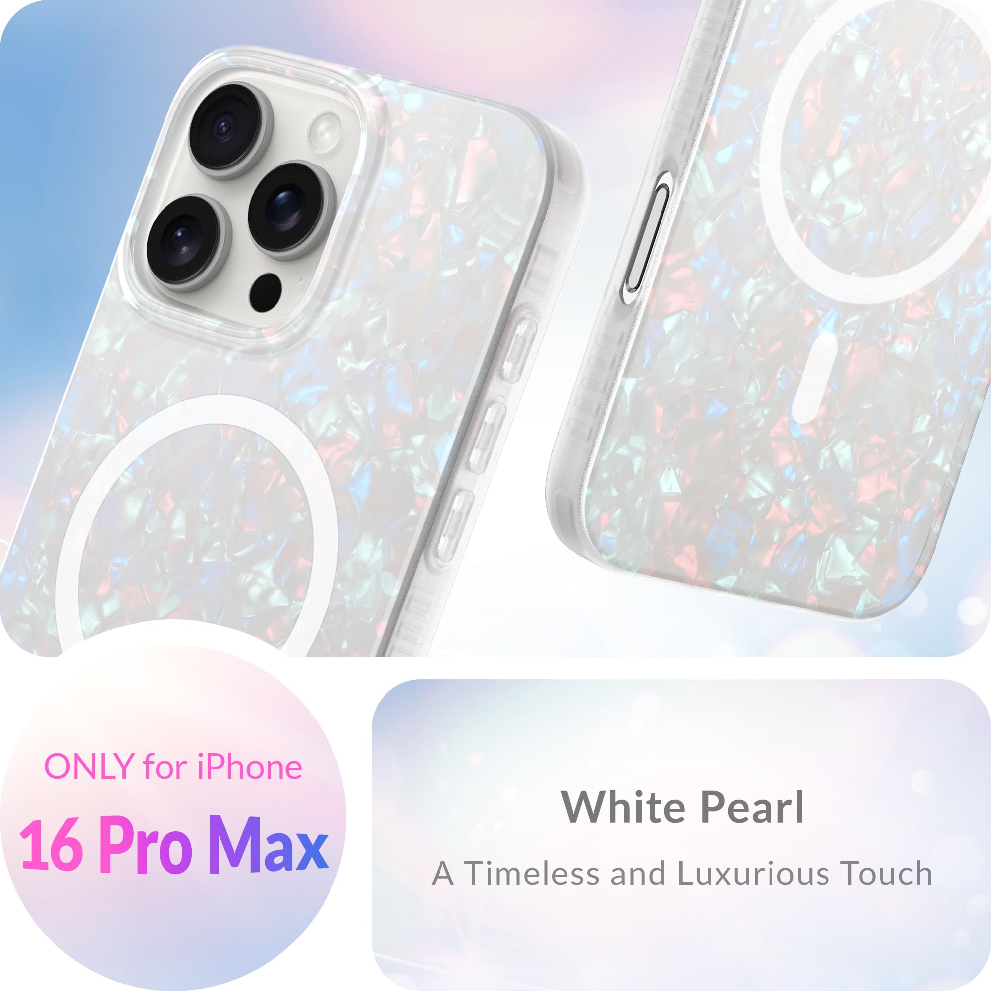 Lonli Hue   Iphone 16 Pro Max Magnetic Case [Compatible With Magsafe]   White Pearl Tort Phone Case   [360 Shock Absorbent Bumpe
