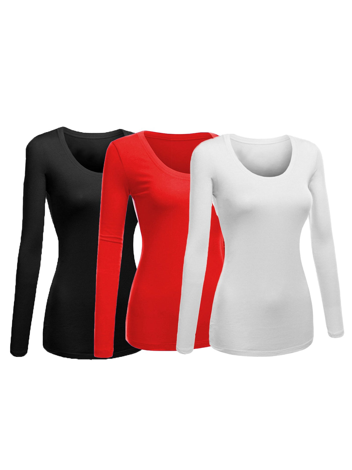 Emmalise Womens Junior And Plus Size Basic Scoop Neck Tshirt Long Sleeve Tee, 1Xl, 3Pk Black, Red, White