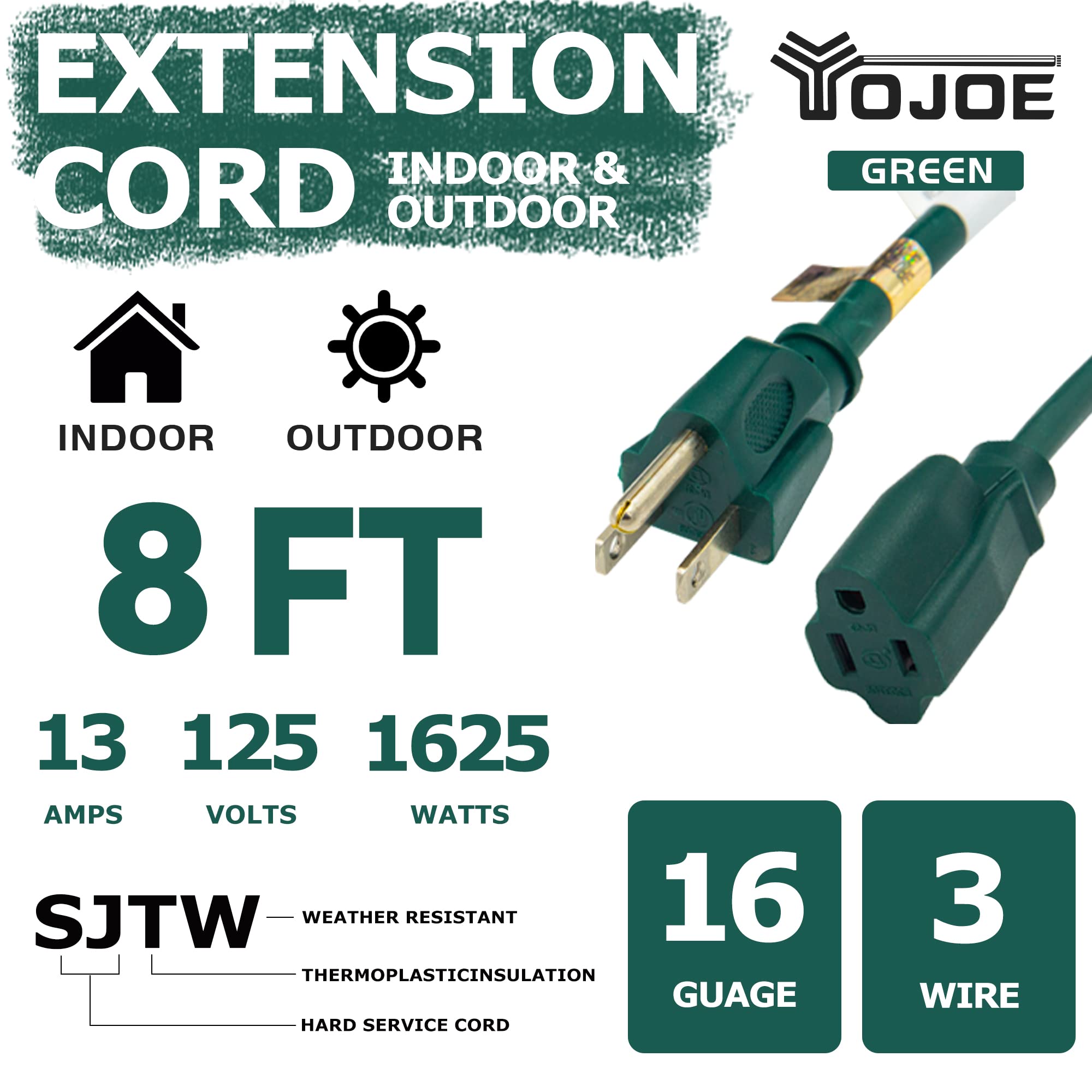 Yojoe Indoor Outdoor Extension Cord, 3 Prong 13A Weatherproof Power Extension Cord, 16 Gauge Heavy Duty 8 Ft Green Extension Cor