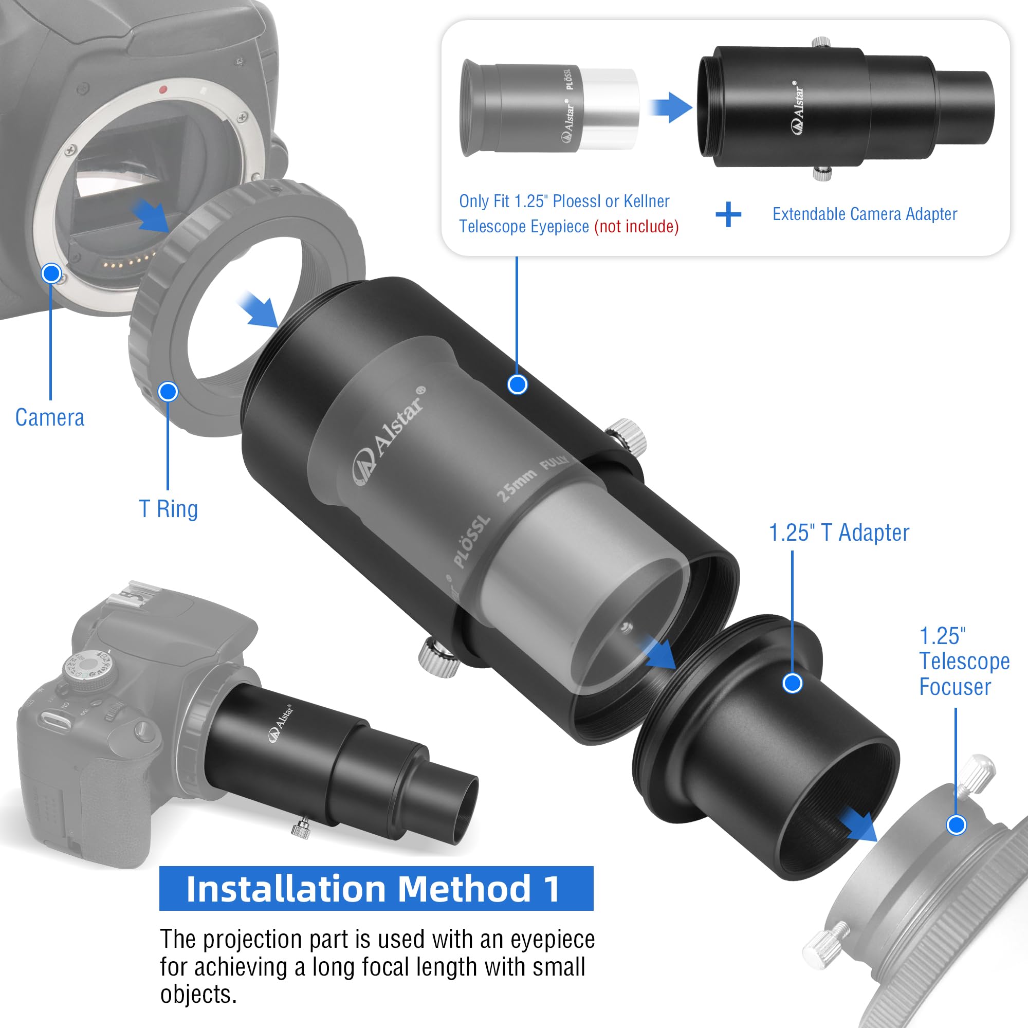 Alstar 1.25 Extendable Camera Adapter - For Either Prime-Focus Or Eyepiece-Projection Astrophotography With Refractors Or Reflec