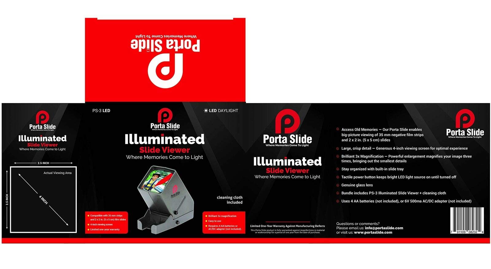 Porta Slide Ps 3 Slide Viewer, View 2X2 In. Slides, 35Mm Film Strips & Negatives, Led Viewing Light, 4 In. Screen, 3X Magnificat