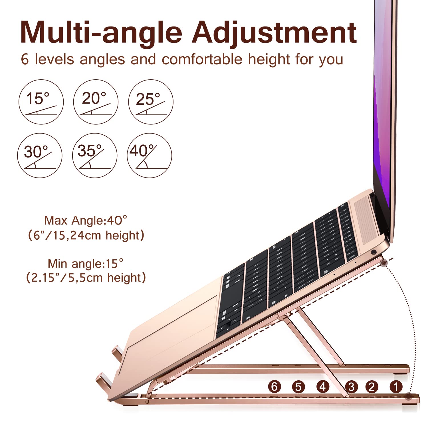 Laptop Stand, Ivoler Laptop Holder Riser Computer Tablet Stand, 6 Angles Adjustable Aluminum Ergonomic Foldable Portable Desktop Holder Compatible With Macbook,Ipad, Hp, Dell10 15.6� Rose Gold
