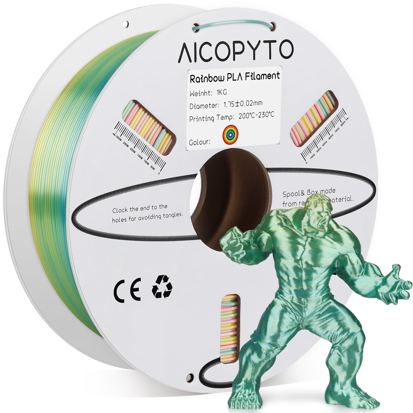 AICOPYTO 3D Printer Rainbow Silk PLA Filament 1.75mm, Multicolor Filament Silk PLA 1KG Spool (2.2lbs) Dimensional Accuracy Proba