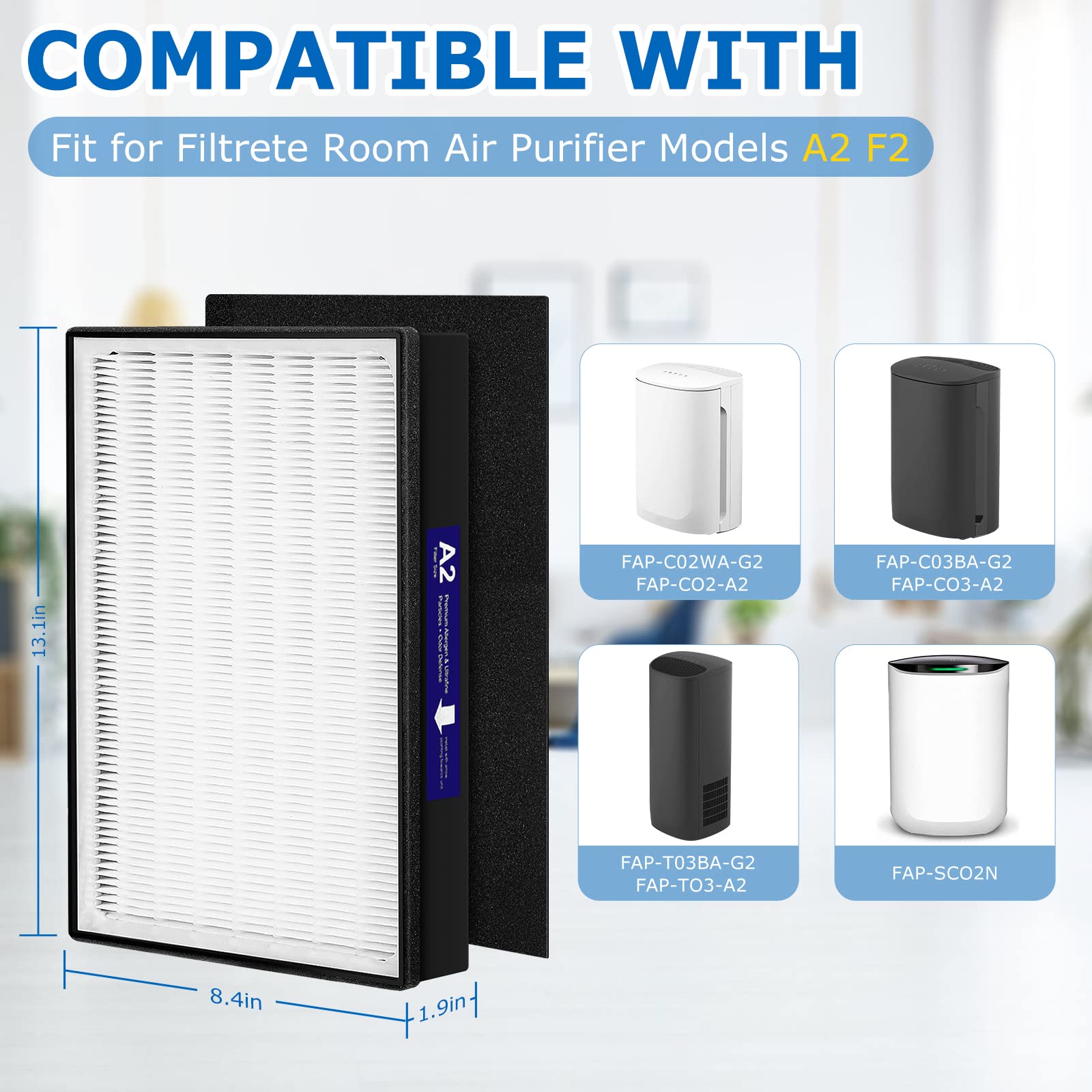 2 Pack Type A2 H13 Grade True Hepa Replacement Filter Compatible With Filtrete Room A2 Air Purifier Models Fap C02 A2, Fap C03 A