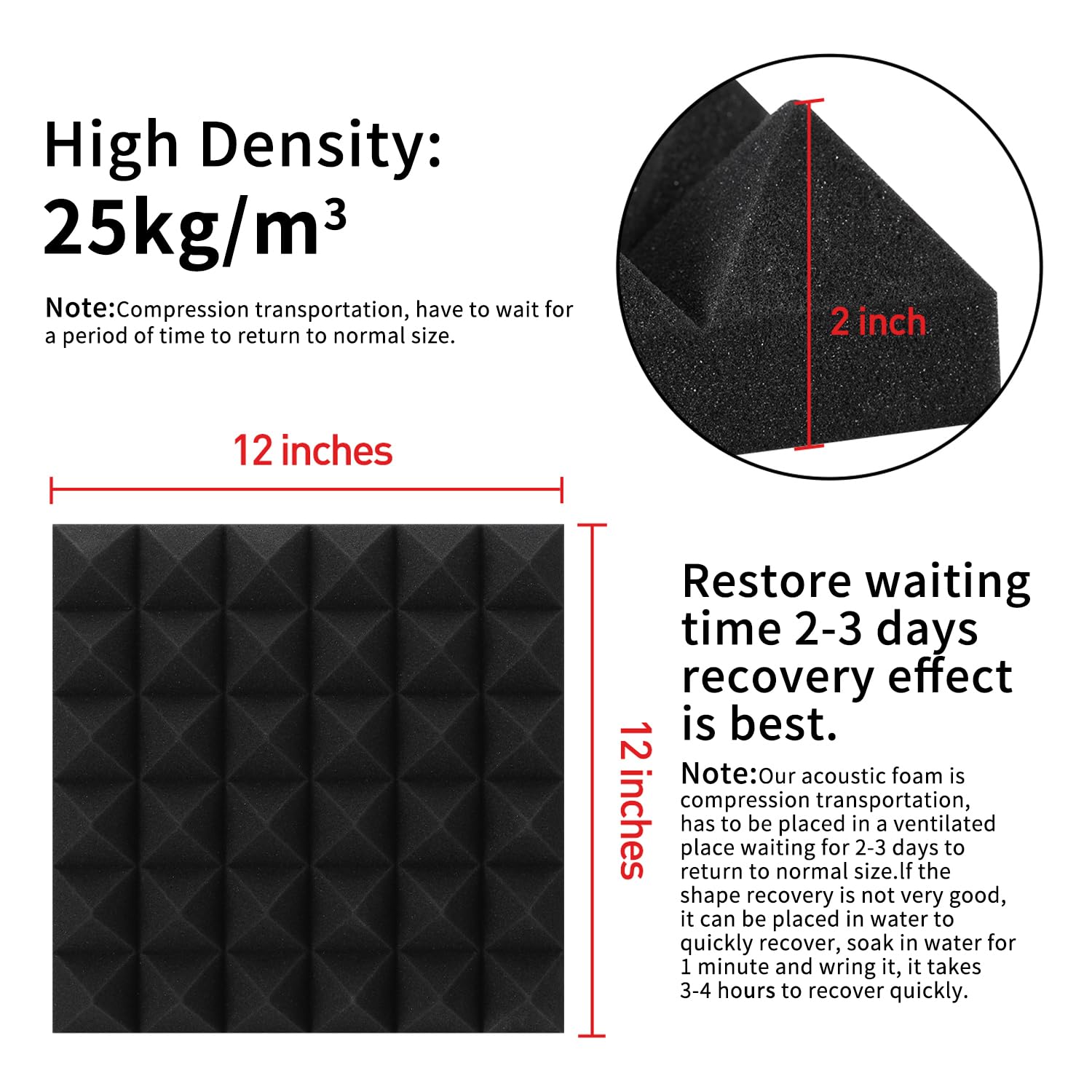 Focusound 50 Packs Acoustic Foam Panels Pyramid 2'' X 12'' X 12'', Soundproofing Foam Noise Cancelling Foam With 300 Pcs Double