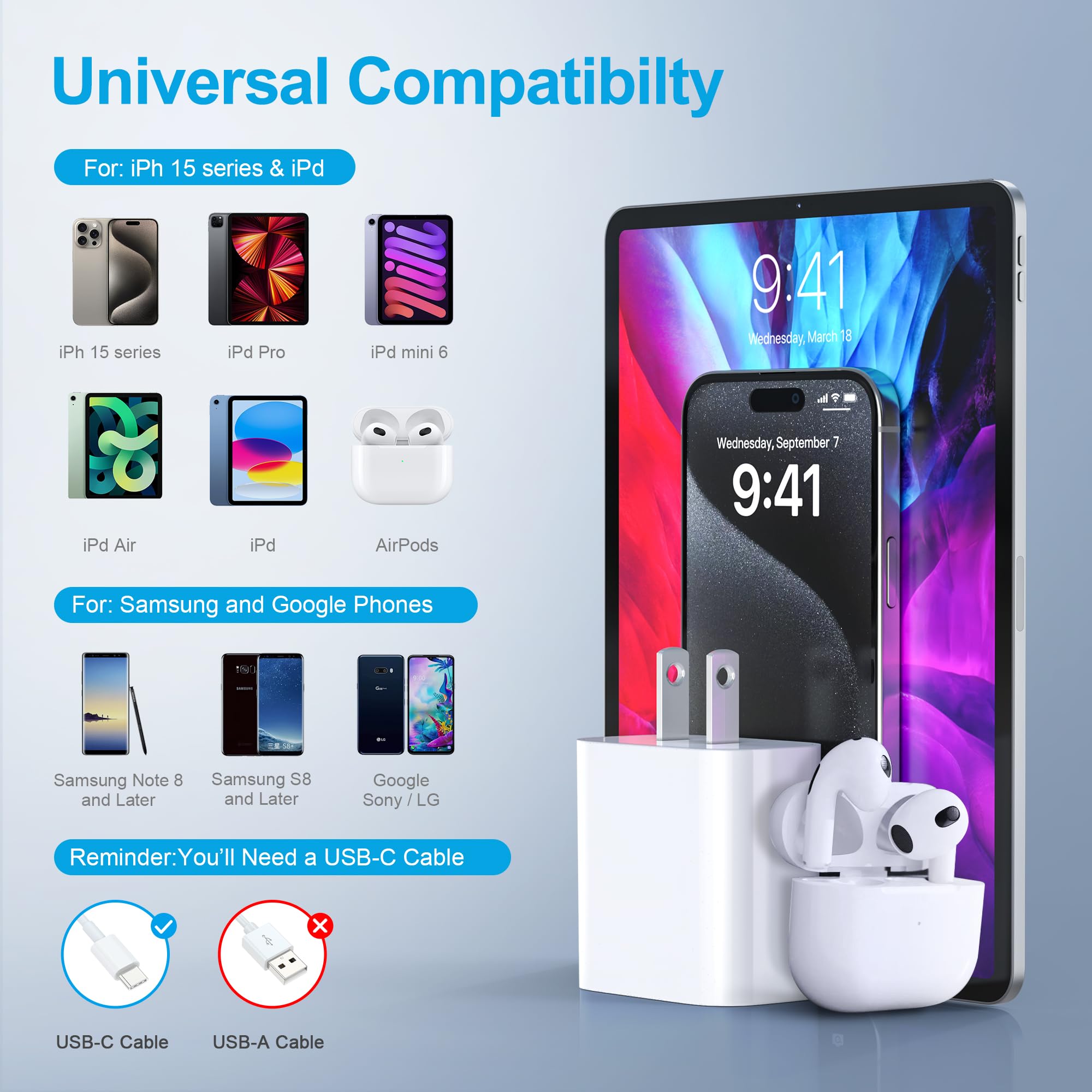 Jozashon Iphone 15 Charger Fast Charging, 2 Pack Type C Wall Charger Adapter With 10Ft Long Usb C To Usb C Quick Charge Data Syn