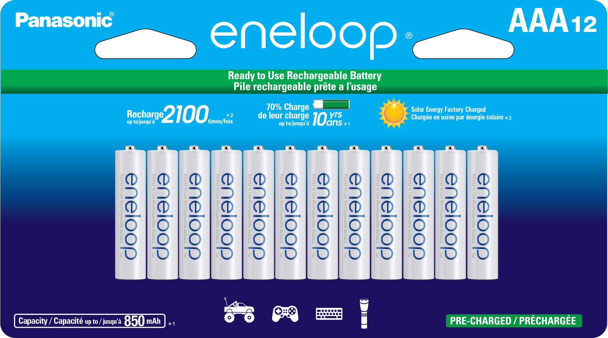 Eneloop Panasonic BK-4MCCA12FA AAA 2100 Cycle Ni-MH Pre-Charged Rechargeable Batteries, 12-Battery Pack
