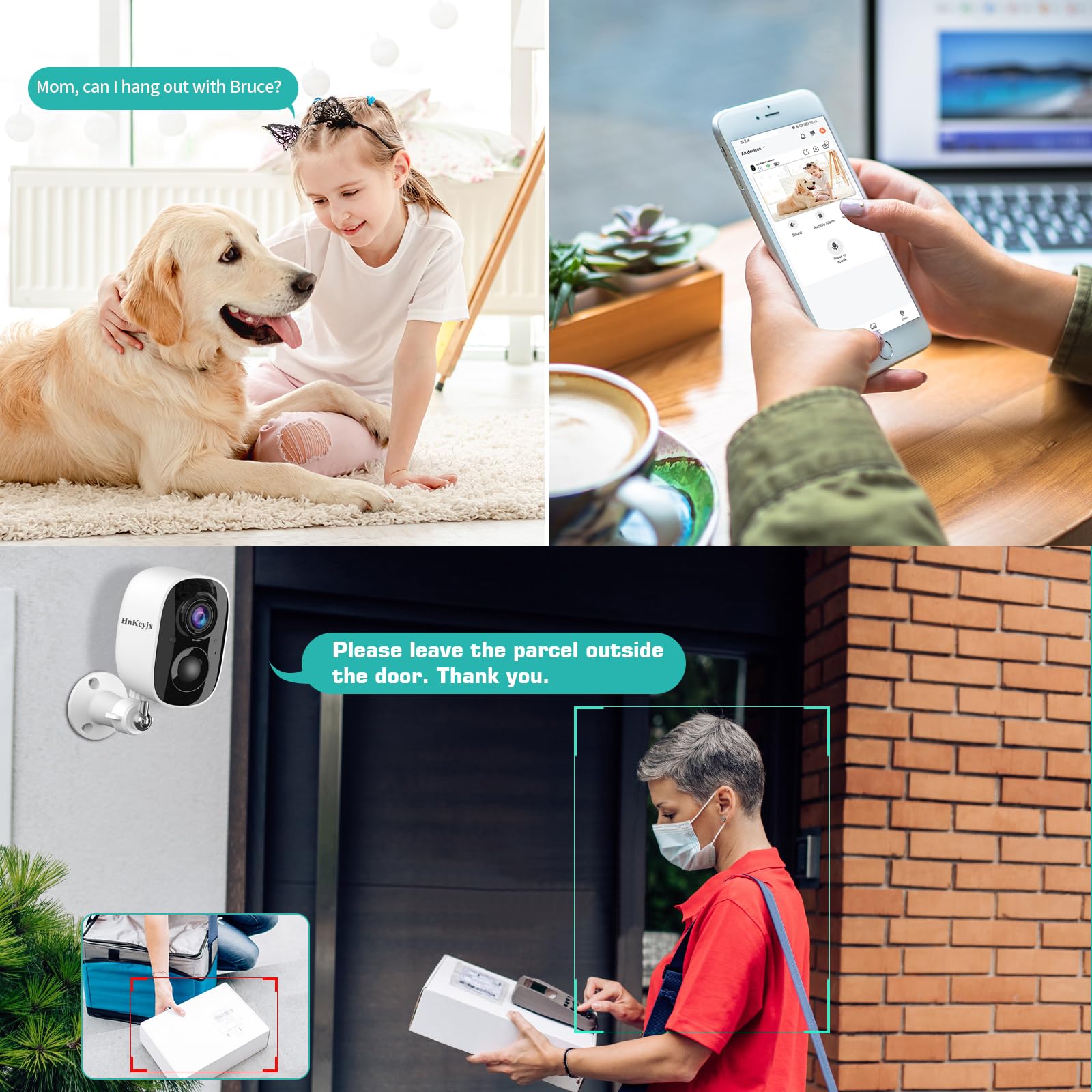 Hnkeyjx Security Cameras Wireless Outdoor, 1080P Battery Powered 2.4Gh Wifi Dog Camera, Porch Camera, Night Vision Ai, Pir Motio