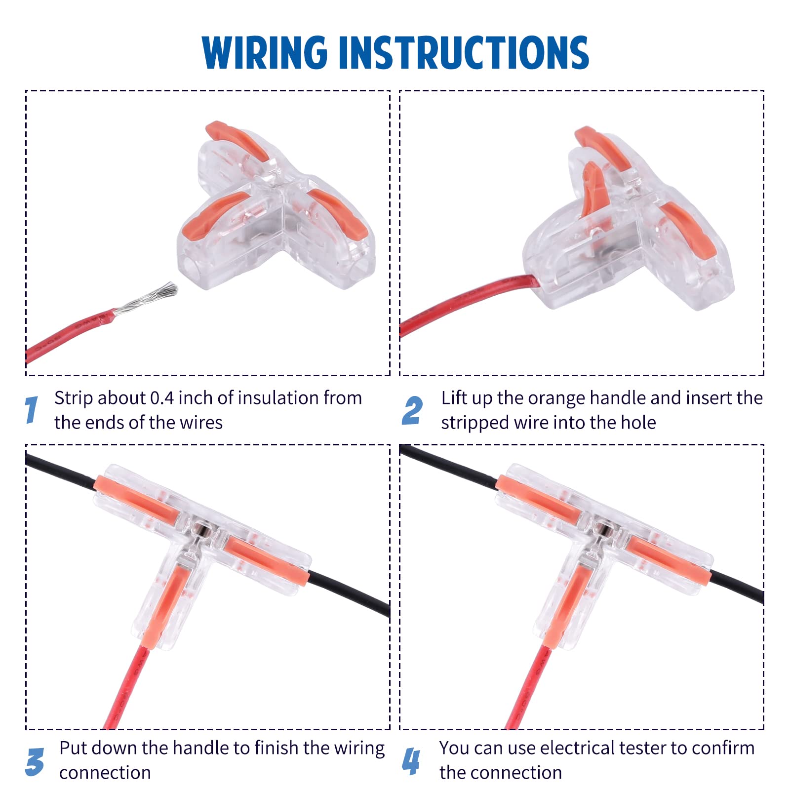 Brightfour T Tap Connectors For Awg 28 12, Lever Wire Connectors 40 Pack, Pushin 3 Way T Connectors For Wiring, 10 Mount Bases I