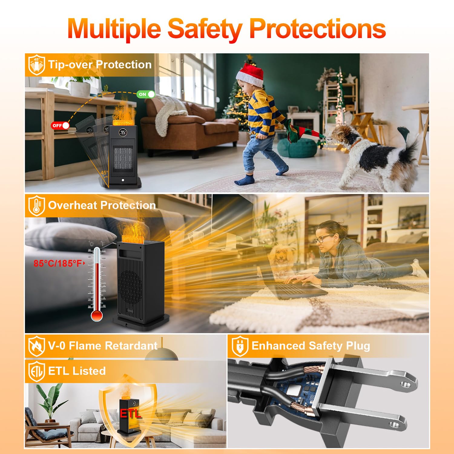 Space Heater With Humidifier, 3 In 1 Space Heaters For Indoor Use With Motion Sensor/3D Flame Effect,1500W Portable Heater For O