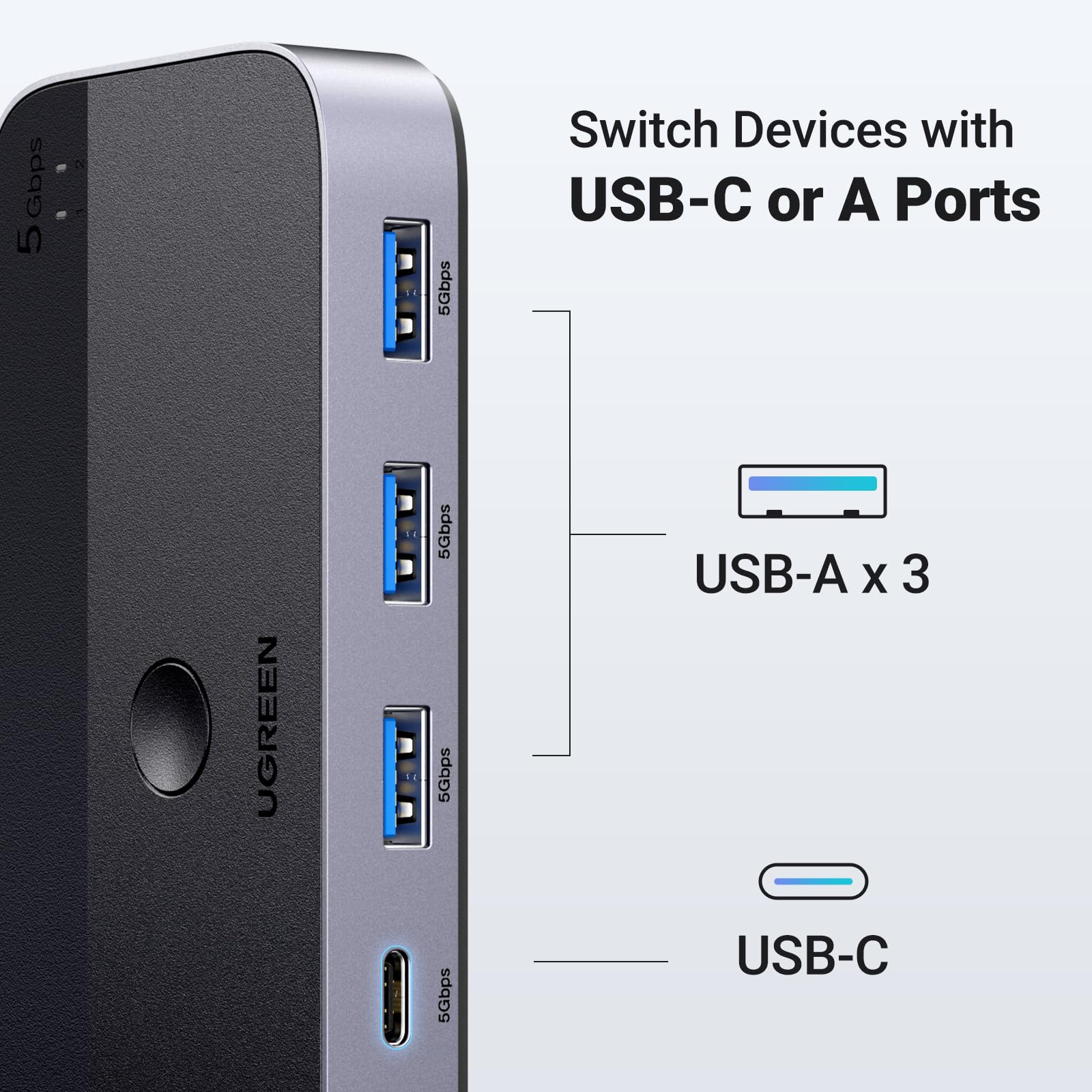 Ugreen Usb 3.0 Switch 2 Computers Sharing Usb C & A Devices, 4 Port Usb Switcher Sharing Keyboard And Mouse, Printer/Scanner Usb