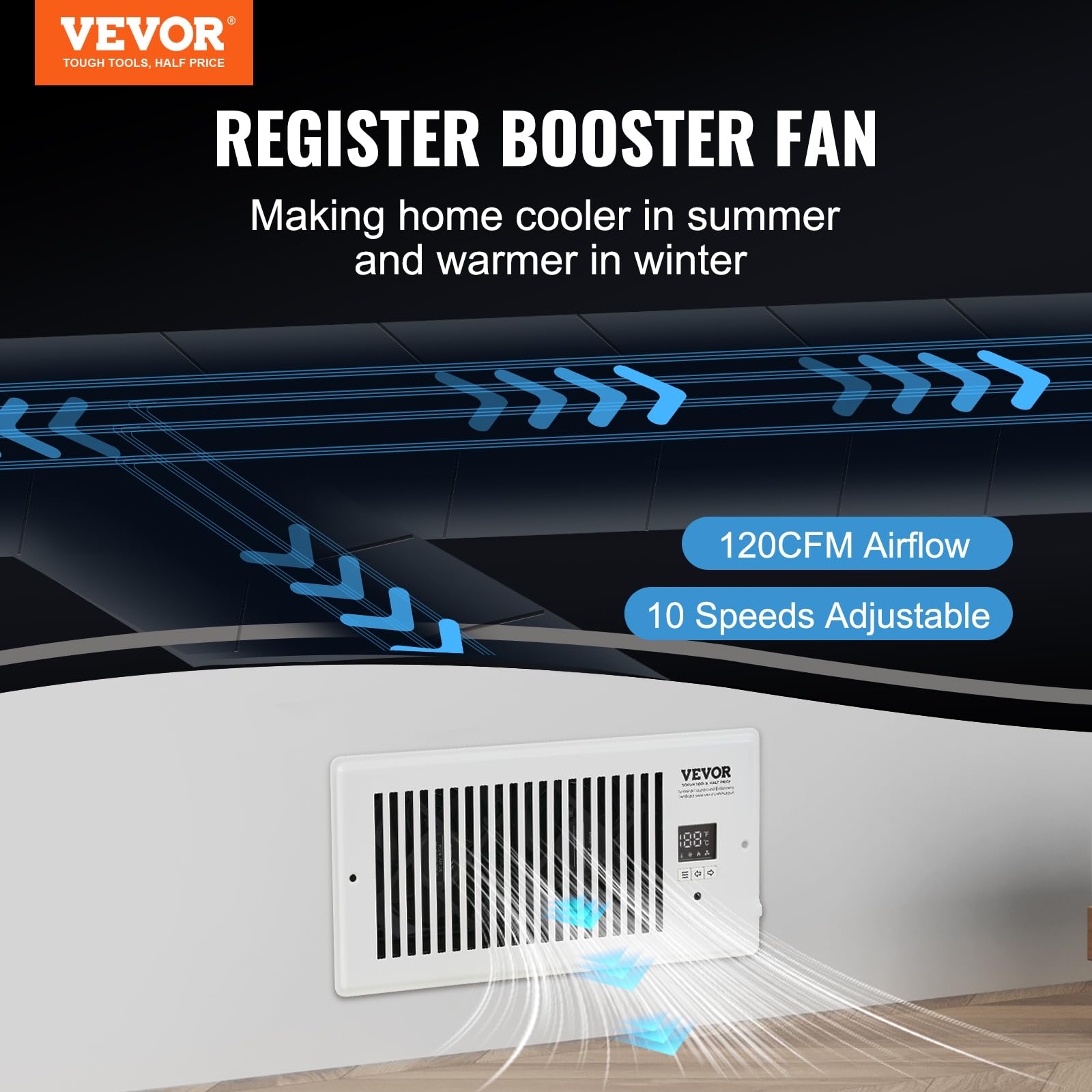 Vevor Register Booster Fan, Quiet Vent Booster Fan Fits 6 X 10 Inch Holes, With Remote Control And Thermostat Control, Adjustabl