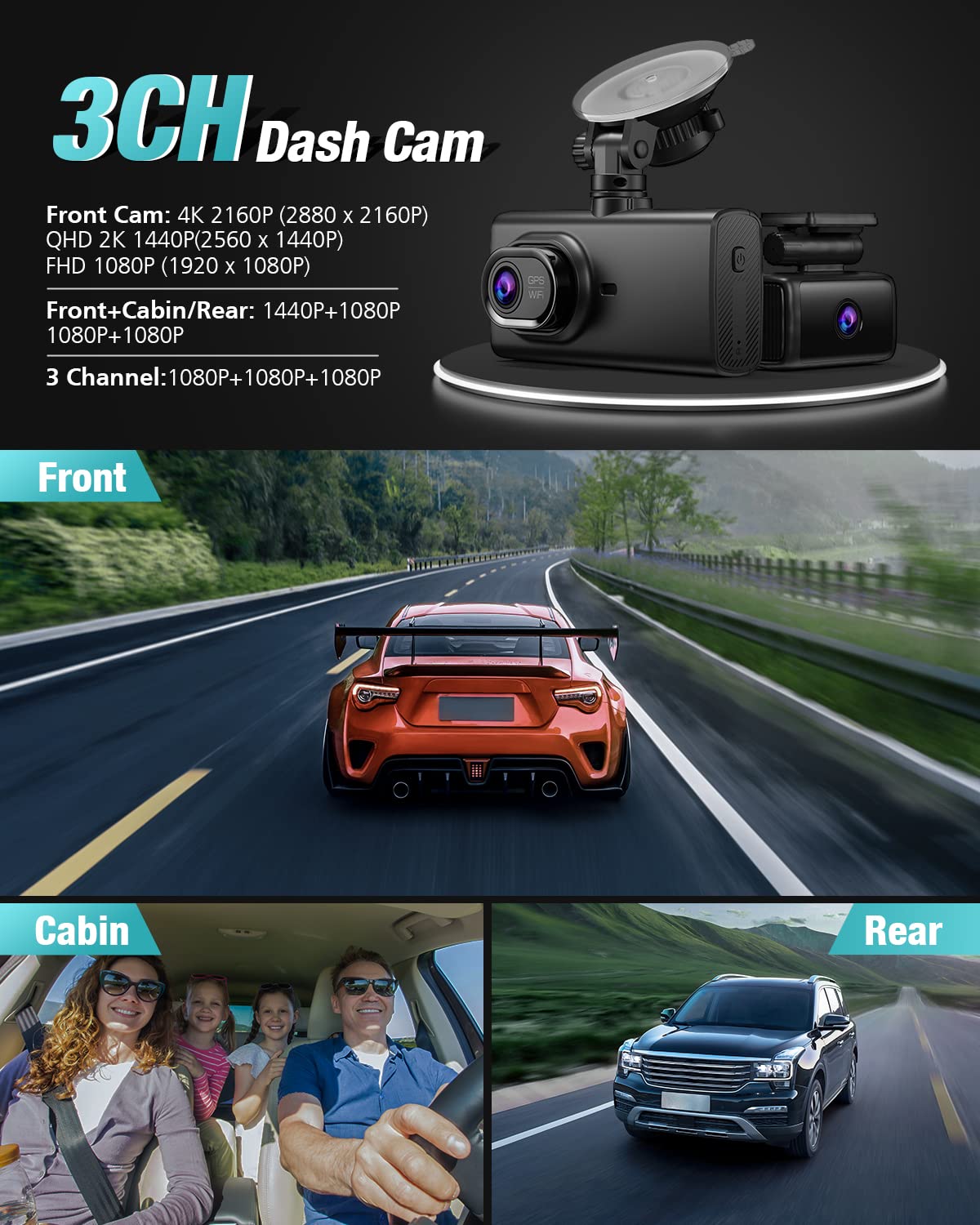 4K 3 Channel Dash Cam With 64Gb Card, 4� Ips Touch Screen Built In 5G Wifi & Gps Dash Cam Front And Rear Inside 4K+1080P+1080P, Ir Night Vision, 170�Wide Angle, Wdr, Parking Mode, G Sensor