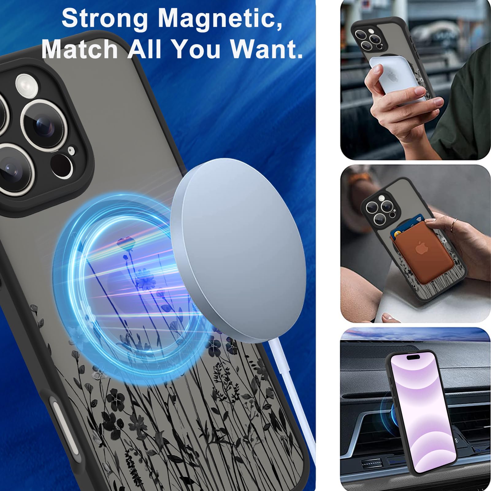 Ook Magnetic For Iphone 16 Pro Case [Compatible With Magsafe] Black Wild Flower Slim Translucent Matte Case For Iphone 16 Pro Ca