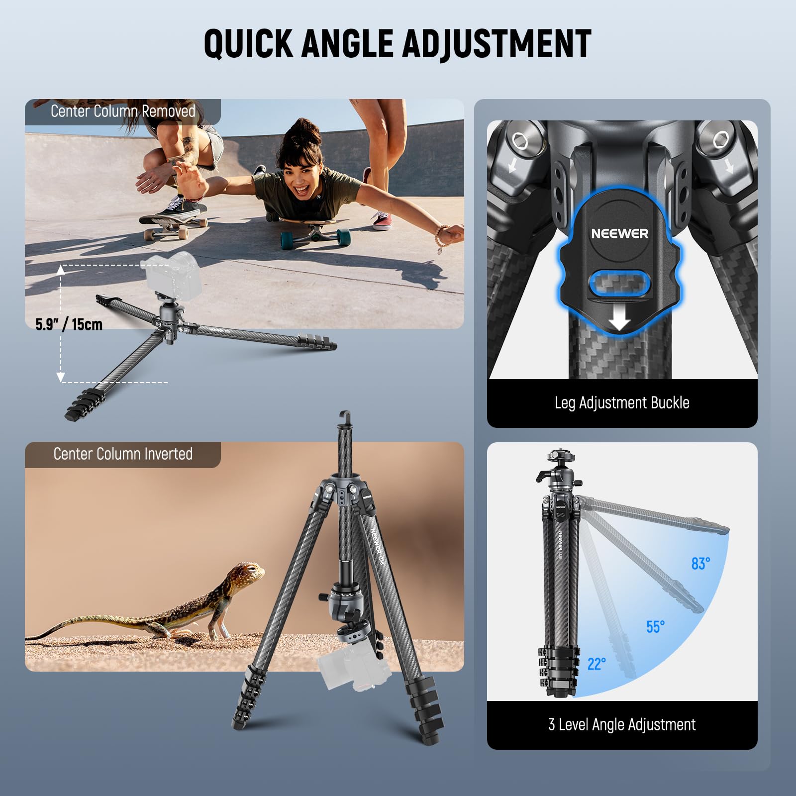 Neewer Litetrip Lt38 61'' Travel Tripod Carbon Fiber For Camera, 360 Pan Tilt Low Profile Ball Head, Flexible Center Axis, Arca