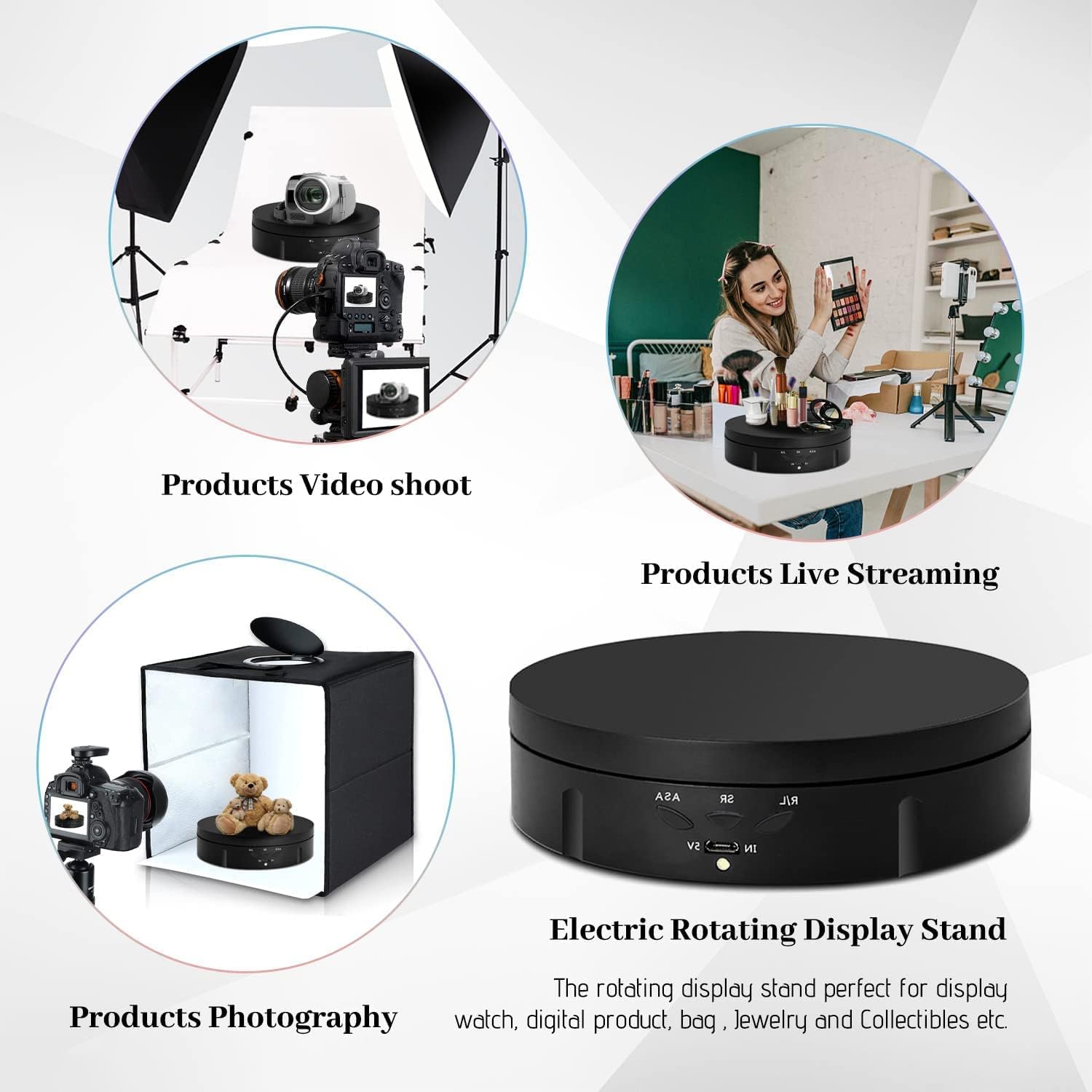 Qinmay 360 Degree Rotating Display Stand, 360 Degree Photography Turntable With Remote Control,5 Pvc Backgrounds,Battery/Usb Pow