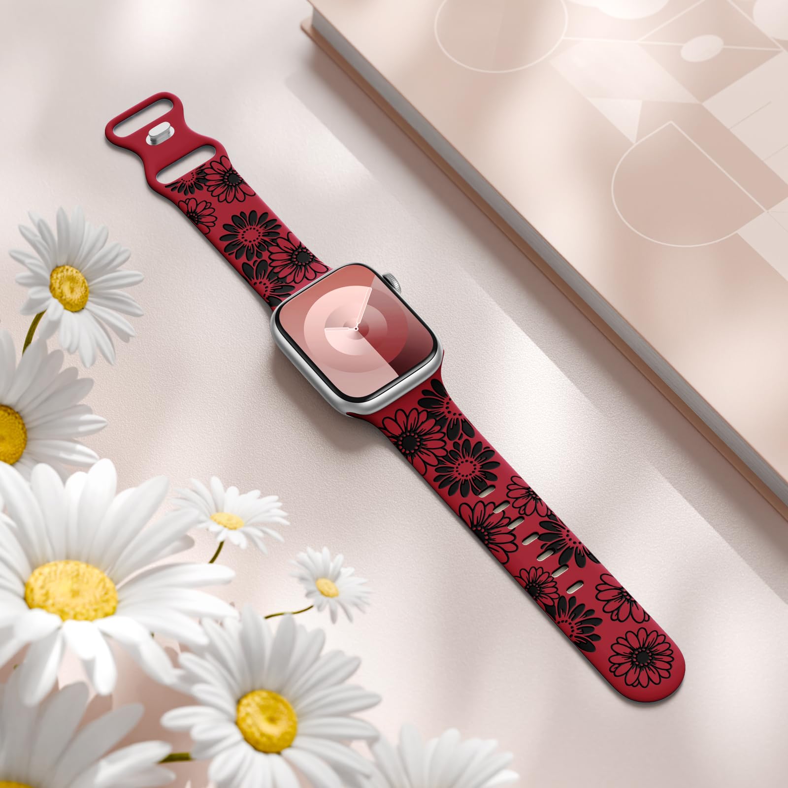 Daqin Floral Engraved Band Compatible With Apple Watch Band 41Mm 40Mm 38Mm 45Mm 49Mm 44Mm 46Mm Women, Flower Pattern Bands Soft