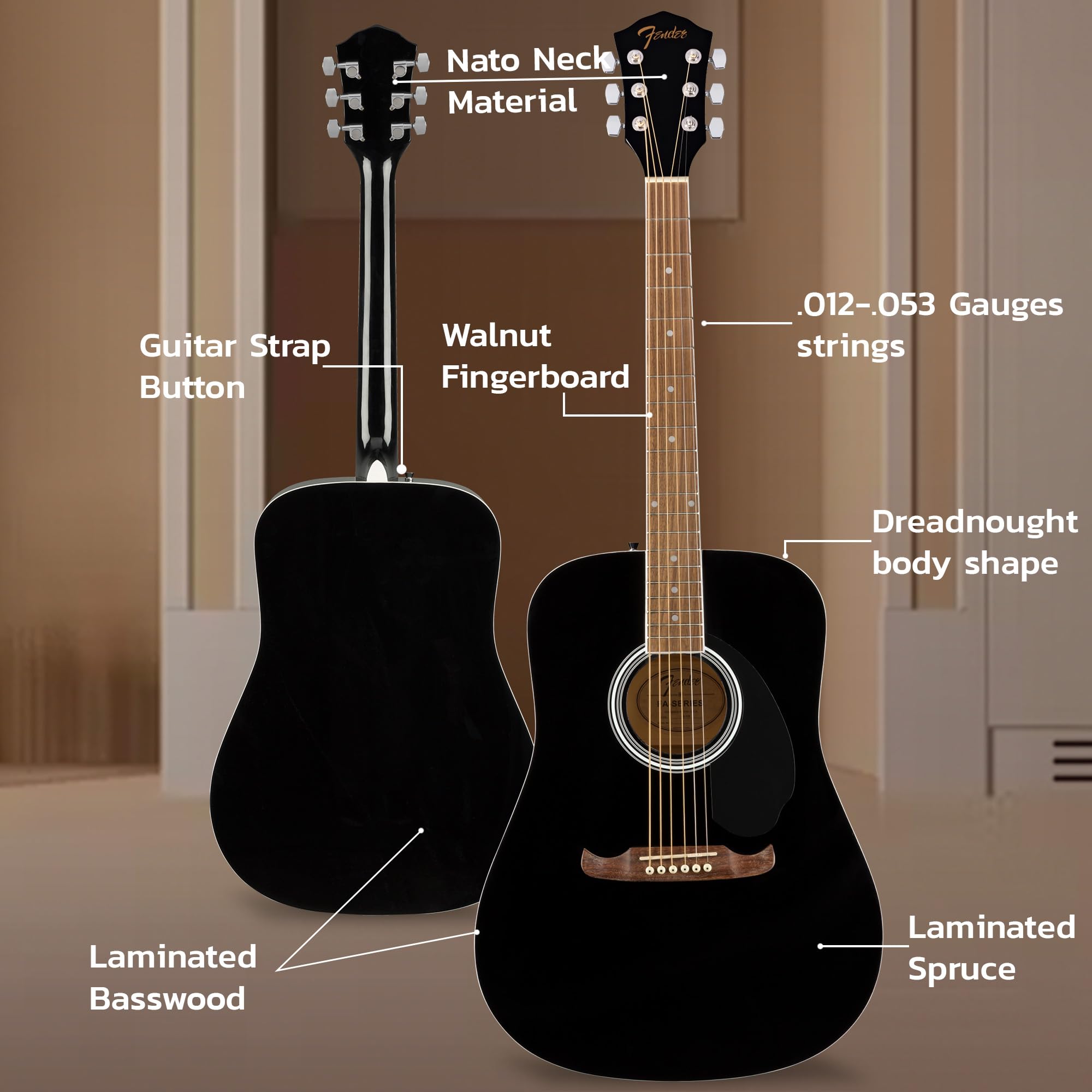 Fender Dreadnought Acoustic Guitar - Black Bundle With Gig Bag, Tuner, Strap, Strings, String Winder, Picks, Fender Play Online