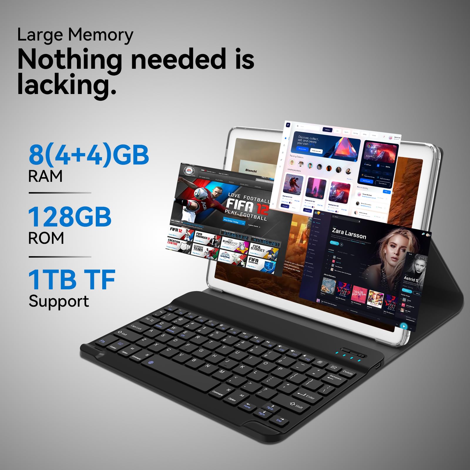 2 In 1 Tablet With Keyboard, 2024 Latest Tablets Android 4+4+128Gb Rom, 10 Inch Tablet With Octa Core Chip Support 5+2.4Ghz Wifi, 7000Mah Battery, Bluetooth 5.0, Gps, Hd Touch Screen Silver