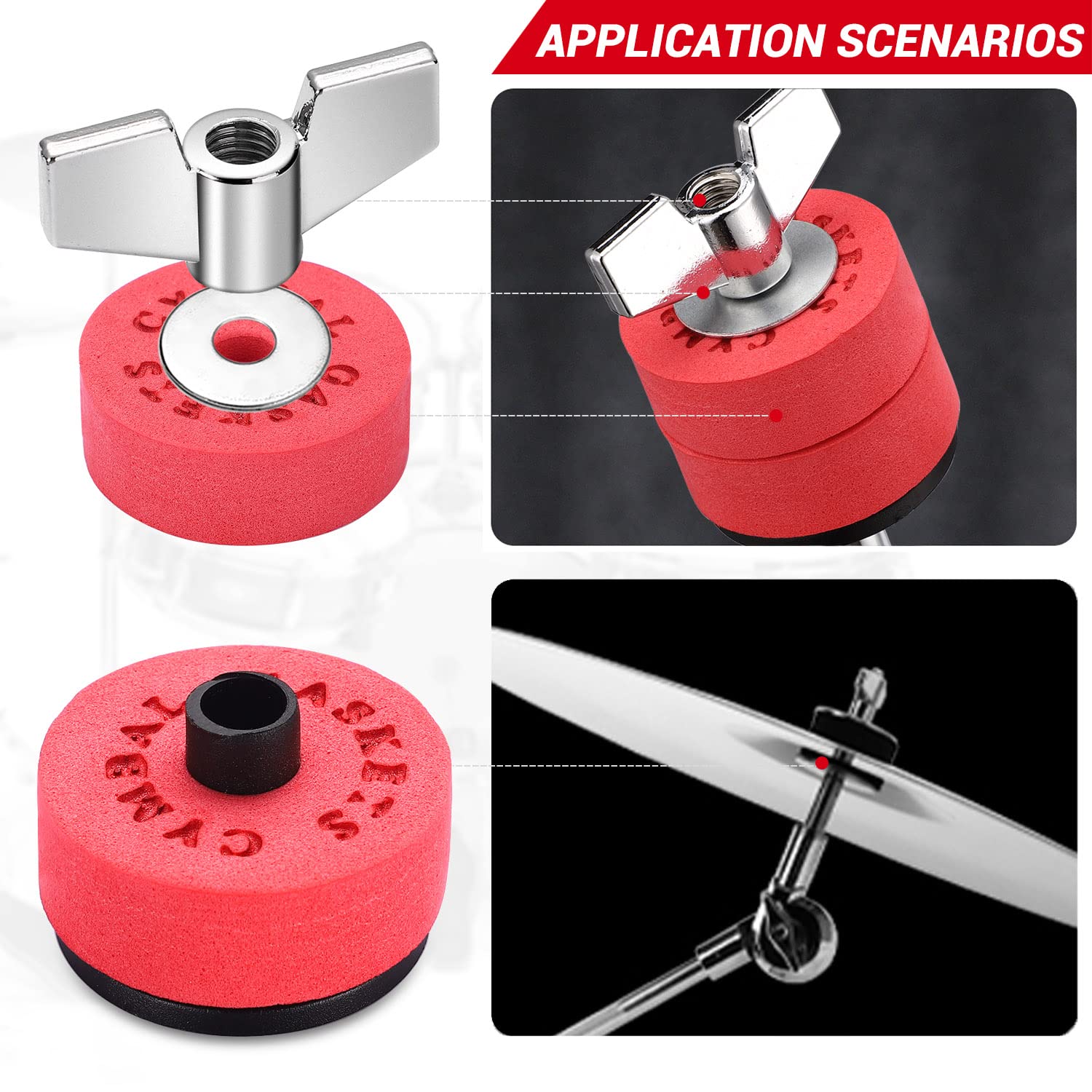 Facmogu 23Pcs Eva Material Cymbal Replacement Accessories, Cymbal Stand Tubes, Drum Cymbal Eva Pads Include Wing Nuts, Washers, Cymbal Sleeves & Drum Key   Red