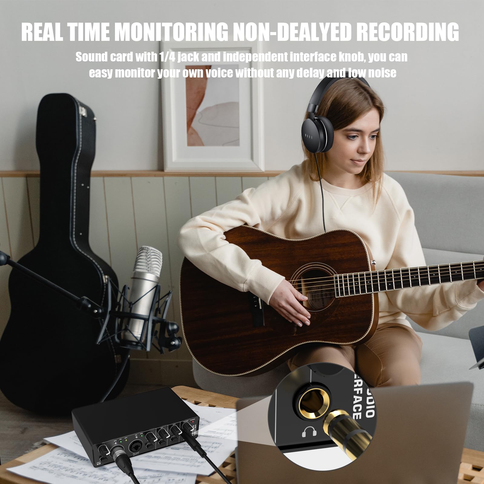 Audio Interface, Rhm 2 In 2 Out Usb Audio Interface With 48V Phantom Power For Recording, Professional Audio Mixer & Mic Preampl