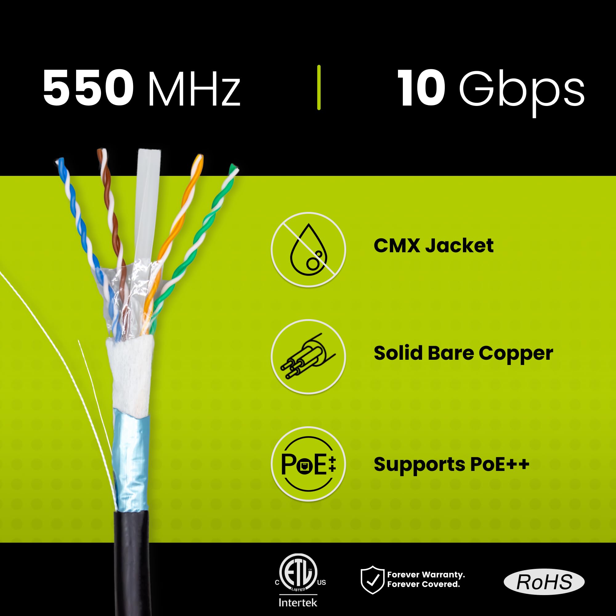 True Cable Cat6 Direct Burial Outdoor Bulk Ethernet Cable, Shielded F/Utp, 1000Ft, Black, 23Awg Solid Bare Copper, Heavy Duty Ou