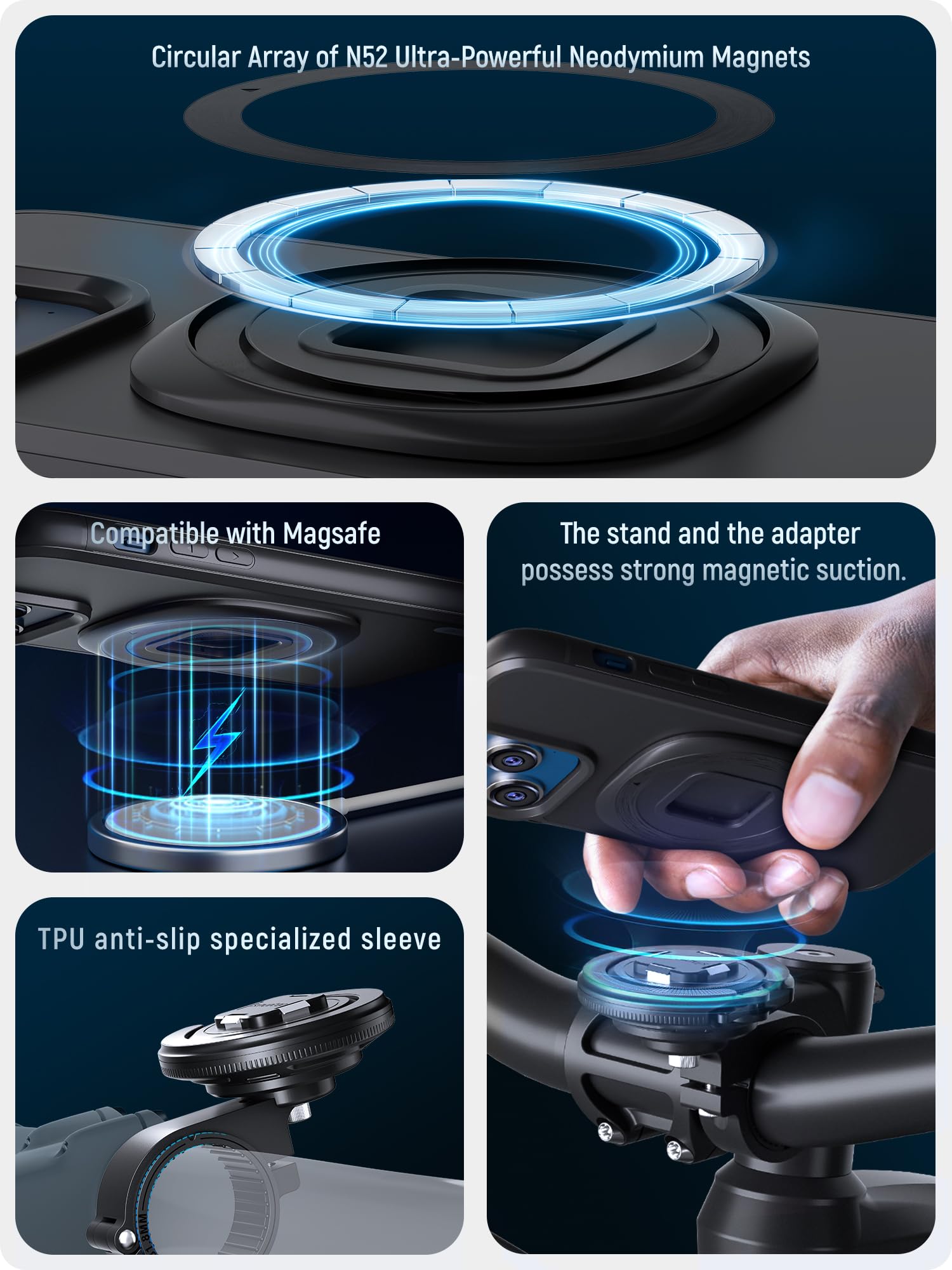 Sincetop Bike/Motorcycle Magnetic Phone Mount Series Q [ Quad ] - Quick Release - Aluminum Bicycle Handlebar Phone Holder - Comp