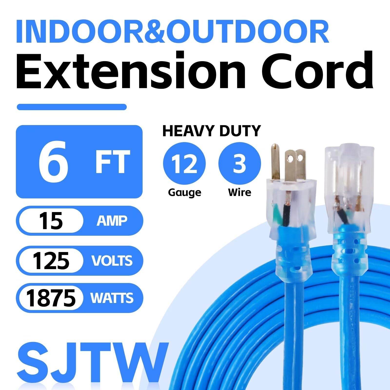 Ultra Explorer Indoor Extension Cord Waterproof 6 Ft, 12 Gauge Heavy Duty Blue Extension Cord Sjtw, Flexible Cold Resistant 3 Pr