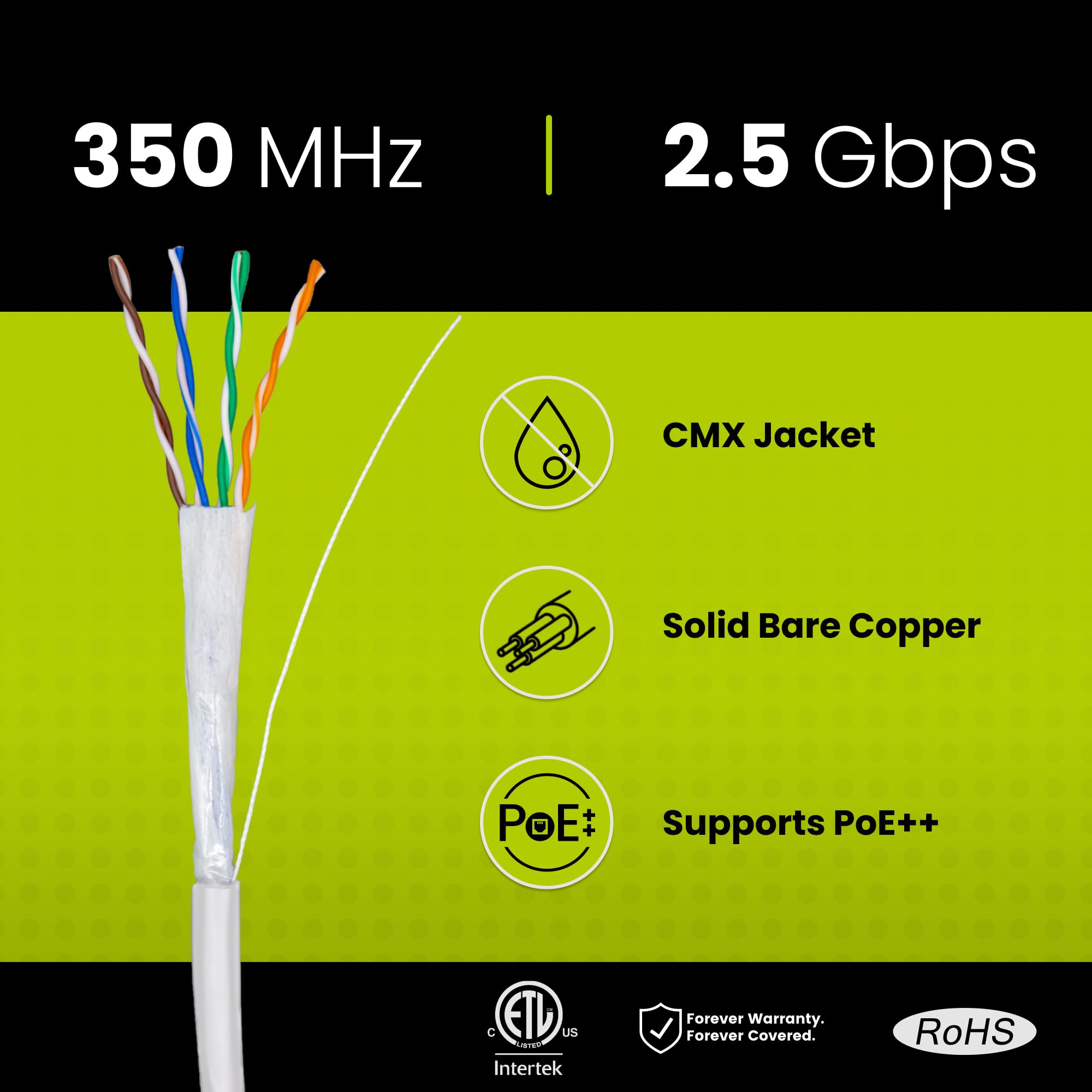 Truecable Cat5E Outdoor, 500Ft, Waterproof Direct Burial Rated Cmx, White, 24Awg Solid Bare Copper, 350Mhz, Poe++ (4Ppoe), Etl Listed, Unshielded Utp, Bulk Ethernet Cable