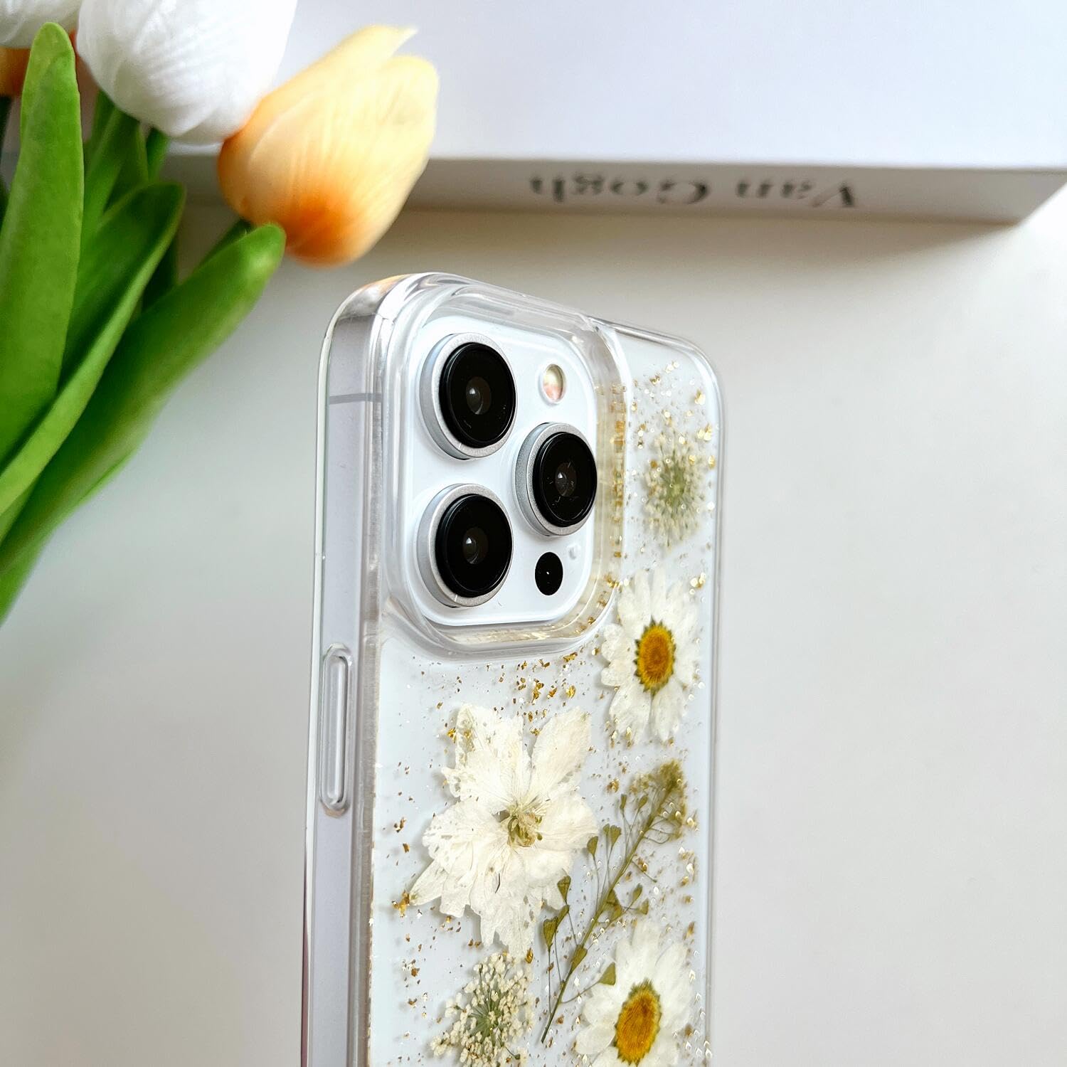 Lseeka For Iphone 15 Pro Max Clear Case With Pressed Real Flowers Design,Glitter Cute White Floral Pattern Slim Soft Tpu Protect