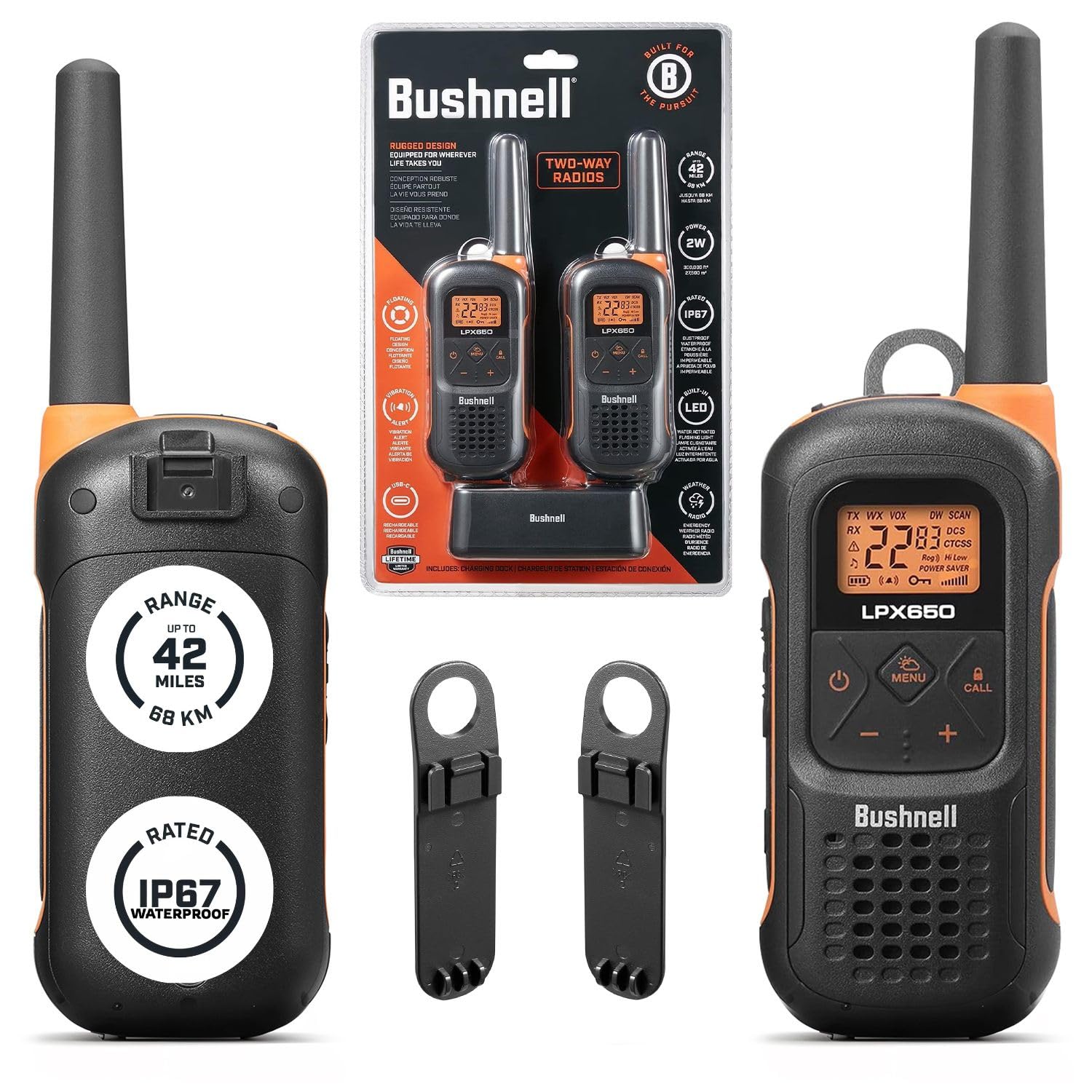 Bushnell Lpx650 Walkie Talkie Radio   Reliable Quality, Rugged Floating Design, 2W Power For 42 Miles Of Range, Two Way Radios E