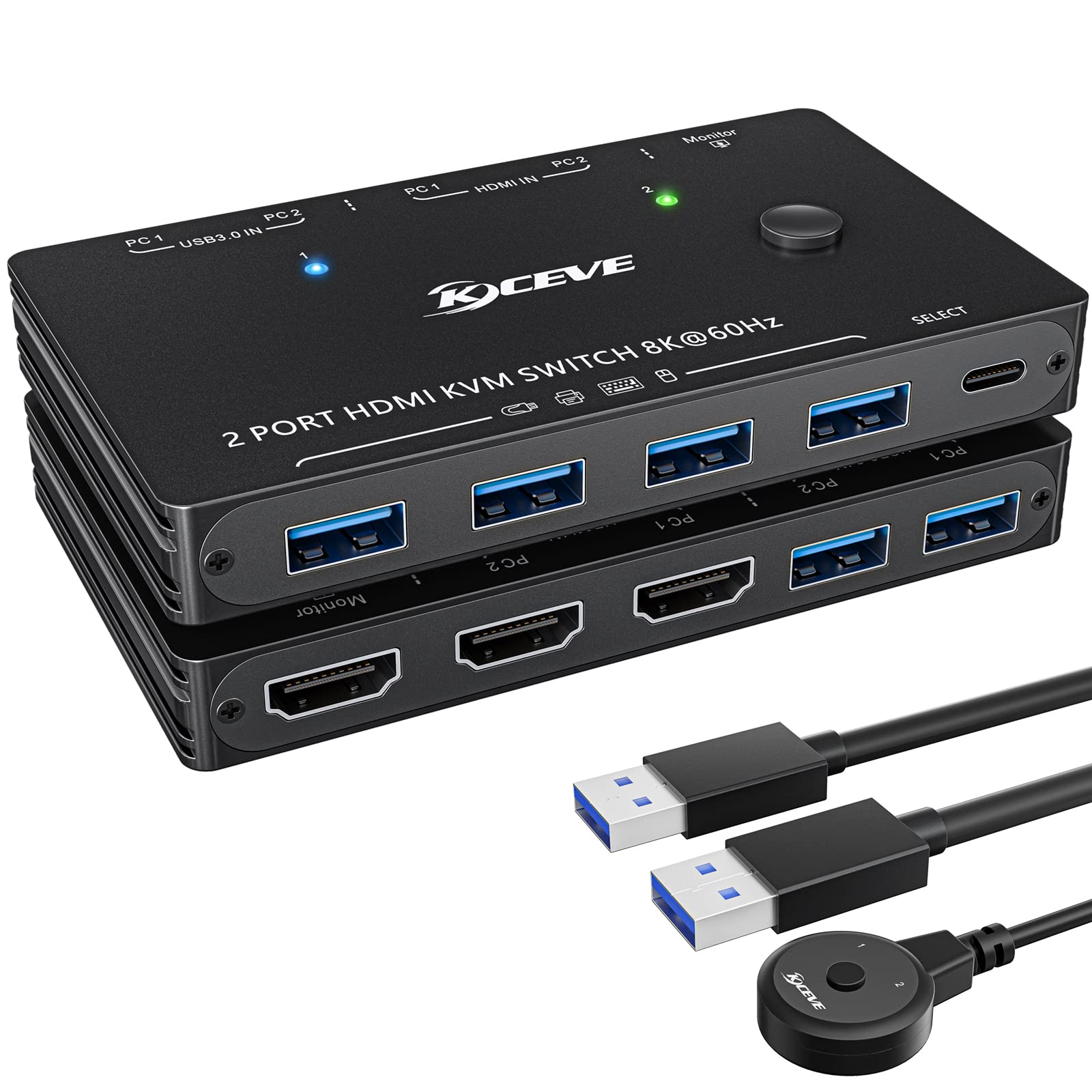 Kvm Switch Hdmi 2 Port Box,Usb 3.0 And Hdmi Switch 8K@60Hz For 2 Computers Share Keyboard Mouse Printer And 1 Hd Monitor,With Re