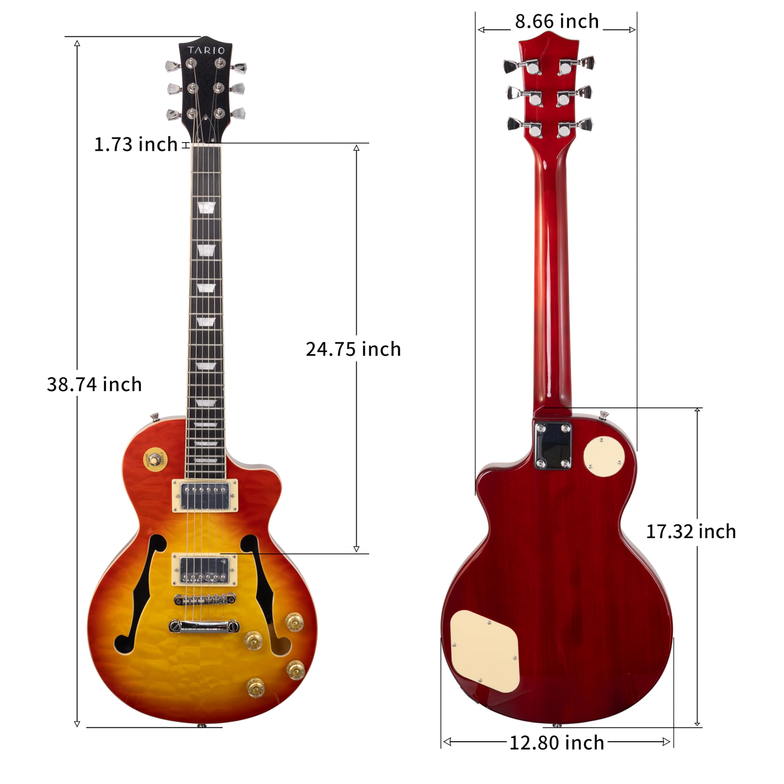 Tario Electric Guitar Cherryburst Semi Hollowbody Quilted Maple Top Okoume Body Maple Neck With Bag