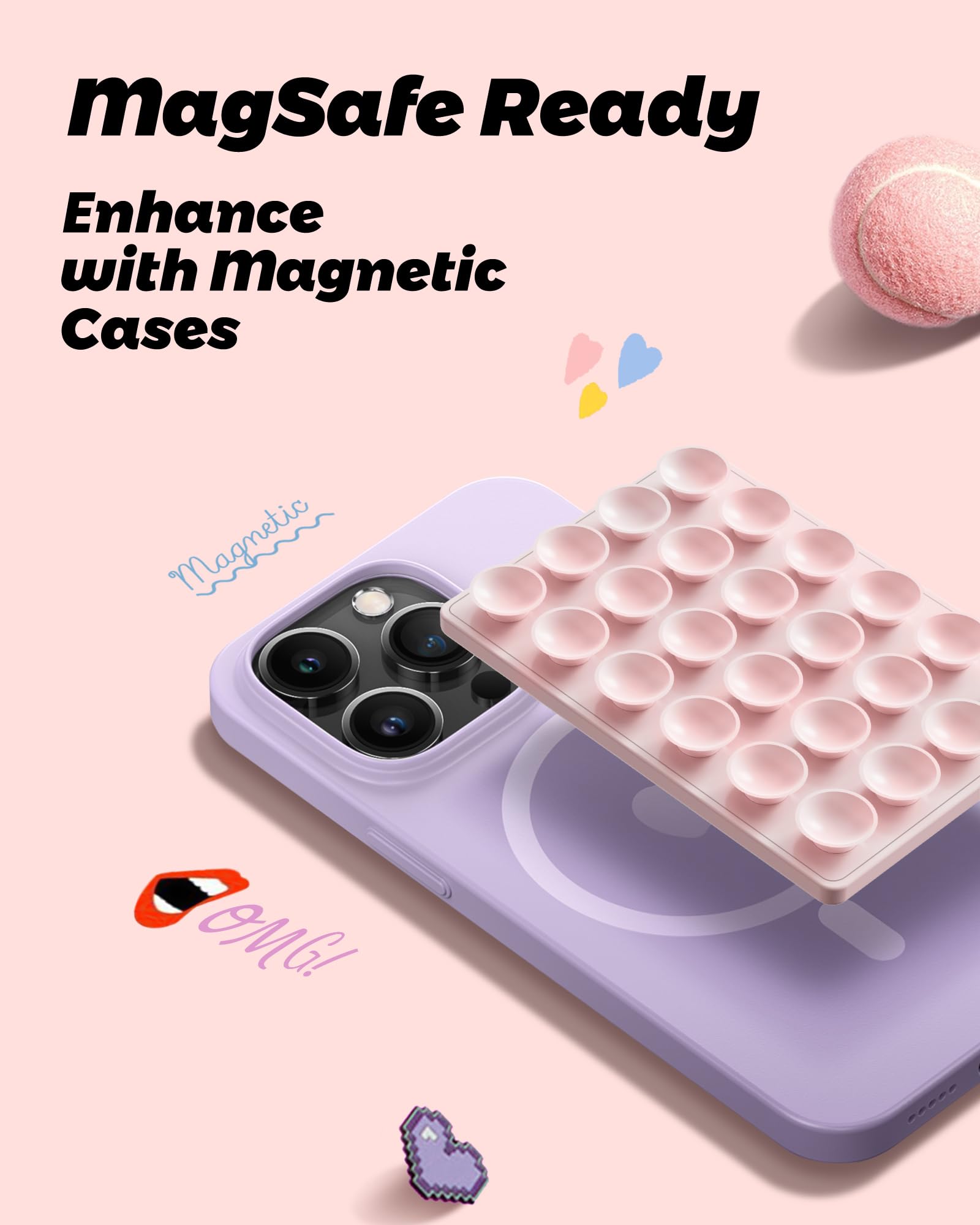 Amband Magnetic Suction Phone Mount For Magsafe Case, Silicone Octo Cup Buddy Sticky Grip Holder For Iphone, Removable Hands-Fre