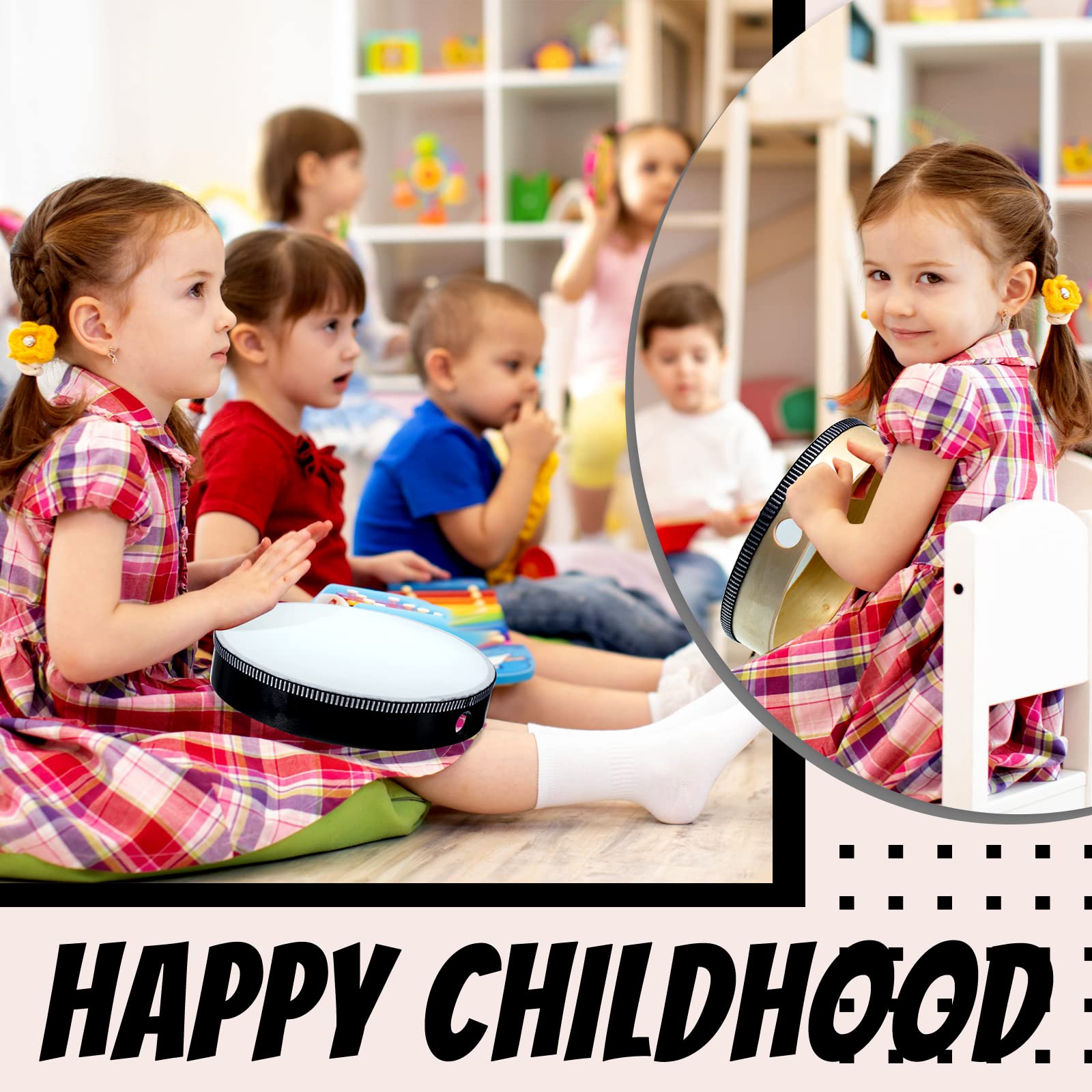 16 Pcs Kids Hand Drums Wooden Frame Drum With Drum Stick, 12 Inch 10 Inch 8 Inch 6 Inch Educational Musical Instruments For Adul