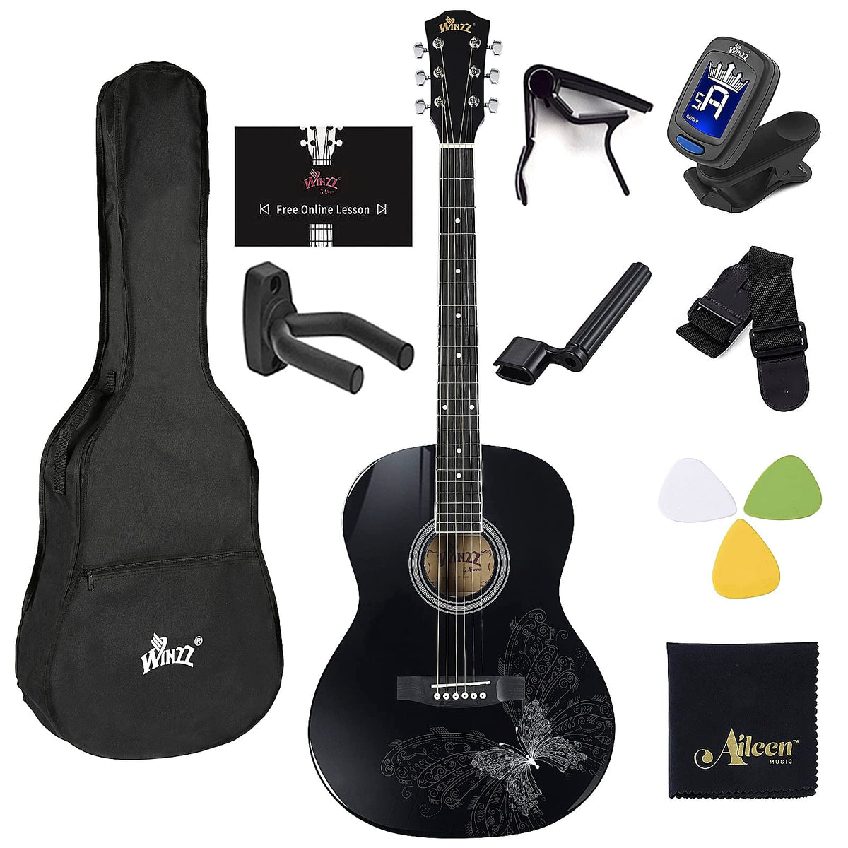 Winzz Af227A 39 Inches Concert Acoustic Acustica Guitar With Full Kit, Elegant Butterfly