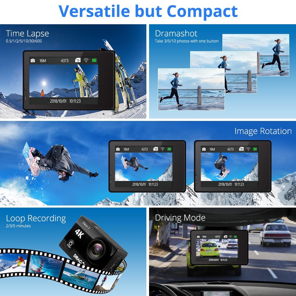 Dragon Touch 4K Action Camera 20Mp Vision 3 Underwater Waterproof Camera 170 Wide Angle Wifi Sports Cam With Remote And Mounting
