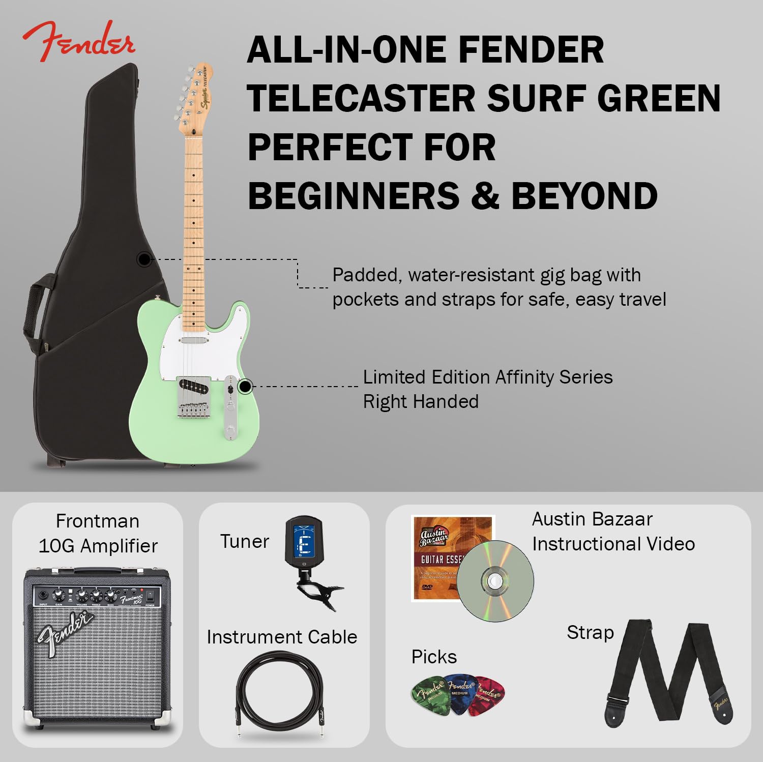 Fender Affinity Series Telecaster - Surf Green Bundle With Frontman 10G Amplifier, Gig Bag, Tuner, Instrument Cable, Strap, Pick