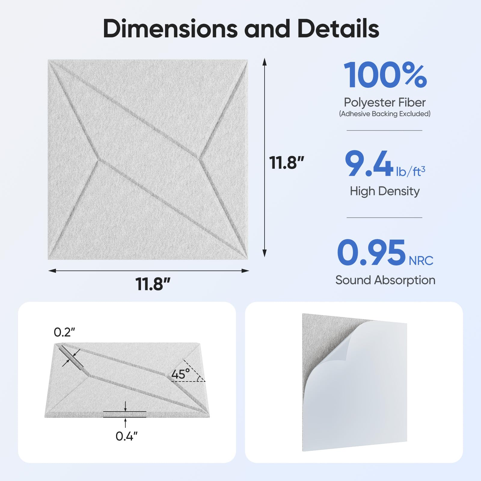 Unecho 12 Pack 11.8 X 11.8 X 0.4 Acoustic Panels For Wall Sound Absorbing, P-Stripes Square Self-Adhesive Sound Panel, High Dens