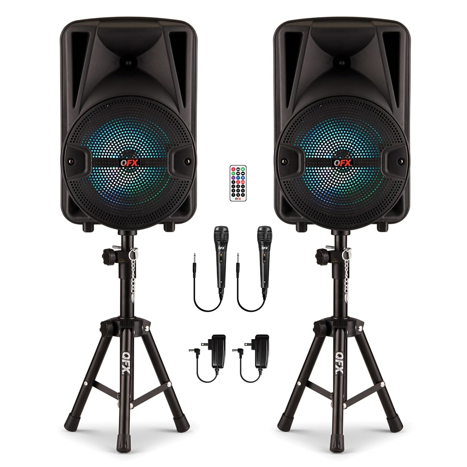 Qfx Pbx 800Tws 8 Inch Tws Bluetooth Stereo Pa System With 2 8' Speakers, 2 Microphones, 2 Stands, And A Remote Control